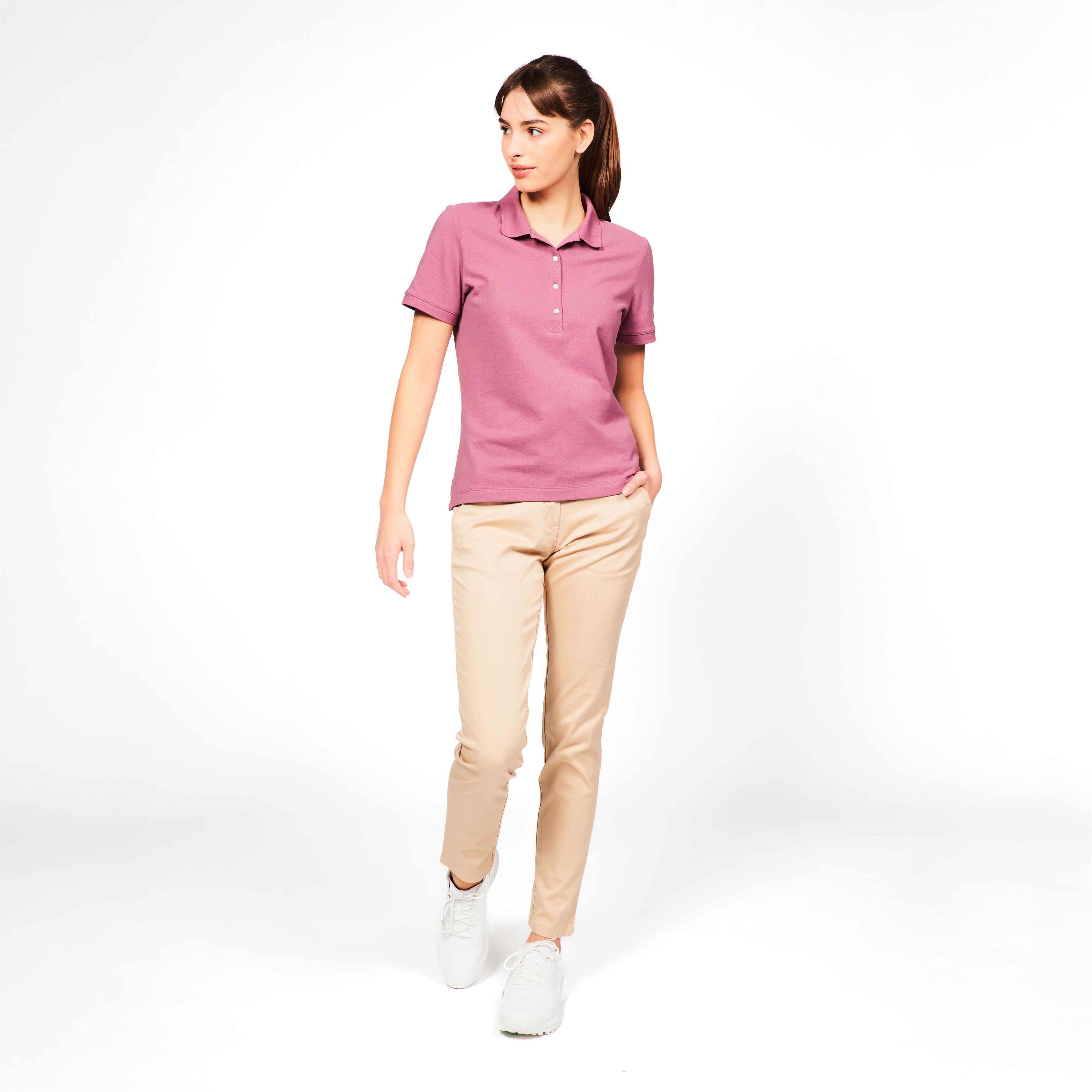 Women’s golf short sleeve polyester cotton polo shirt, MW500 dark pink