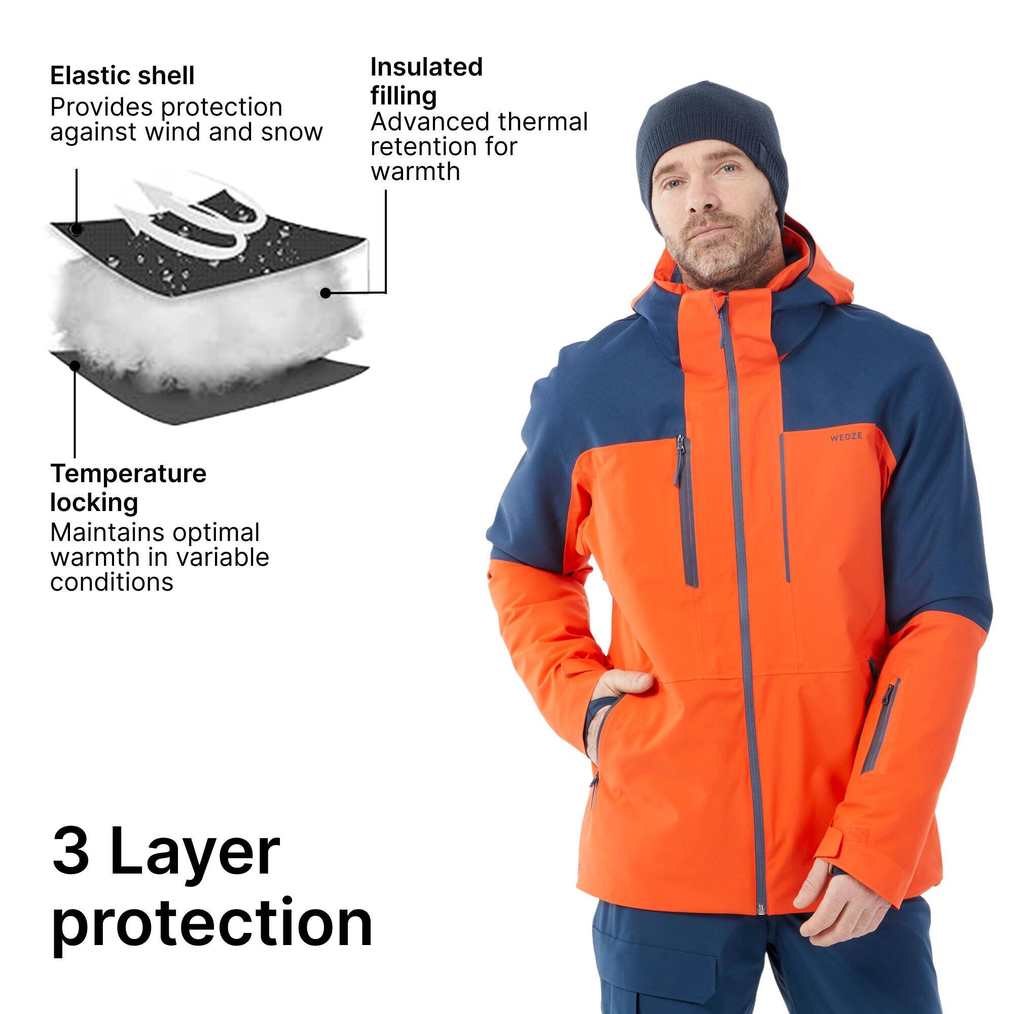 500 SPORT Men's waterproof and durable ski jacket - orange and blue -  3