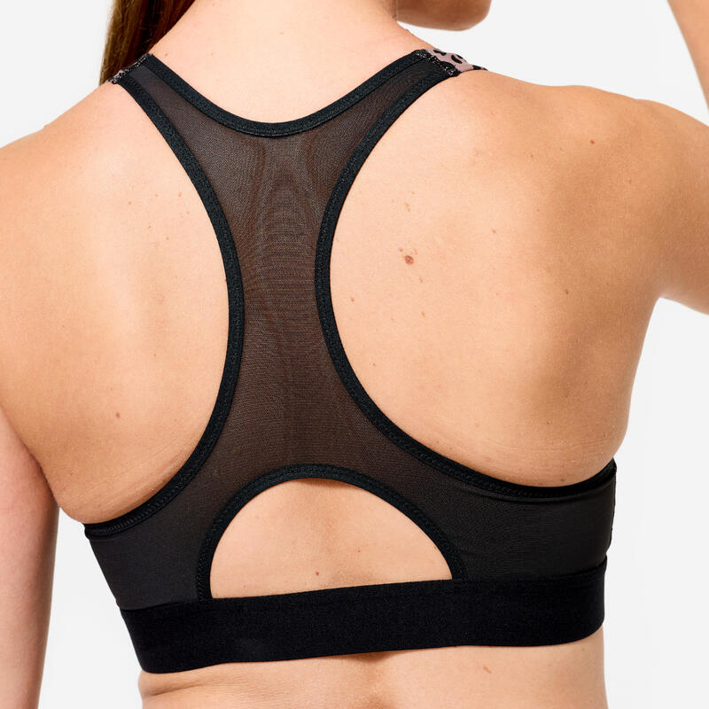 Racerback-Sport-BH mit Schalen, mittlerer Halt Damen, Leopard  beige und schwarz