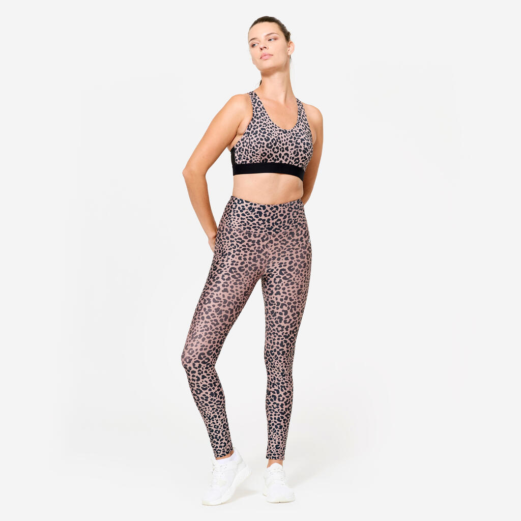 Women's Medium Support Racer Back Sports Bra with Cups - Leopard Grey/Black