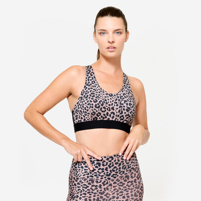 Sport-Bustier Damen Schwimmerrücken und Pads mittlerer Halt - schwarz/beige Leo