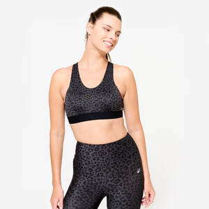 Women's Medium Support Racer Back Sports Bra with Cups - Leopard Grey/Black
