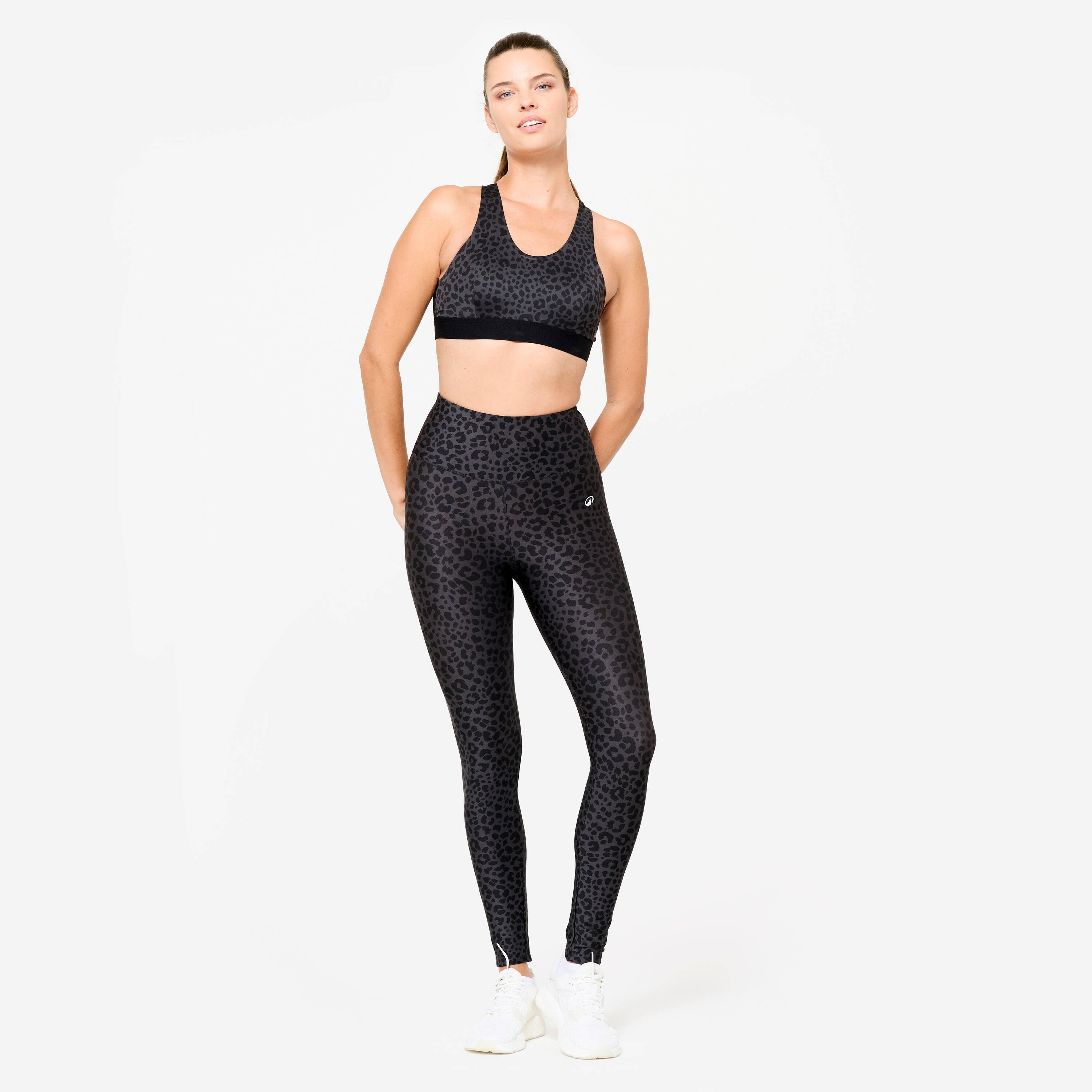 Women's Medium Support Racer Back Sports Bra with Cups - Leopard Grey/Black -  3