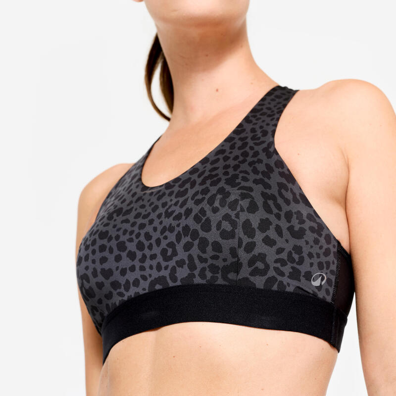 Top de Desporto Copas e Costas em T Suporte Médio Mulher Leopardo Cinzento/Preto