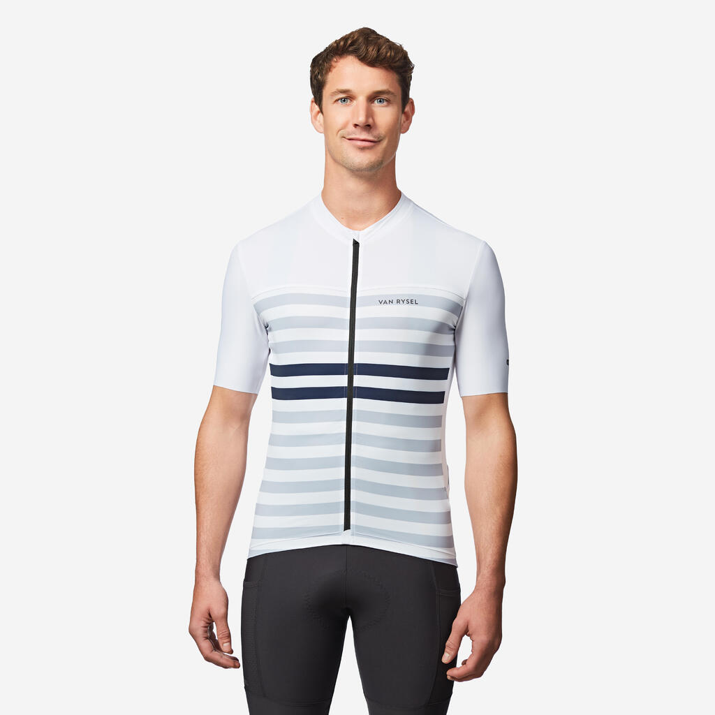 Maillot vélo route manches courtes été ajusté homme - EDR 2 blanc marinière