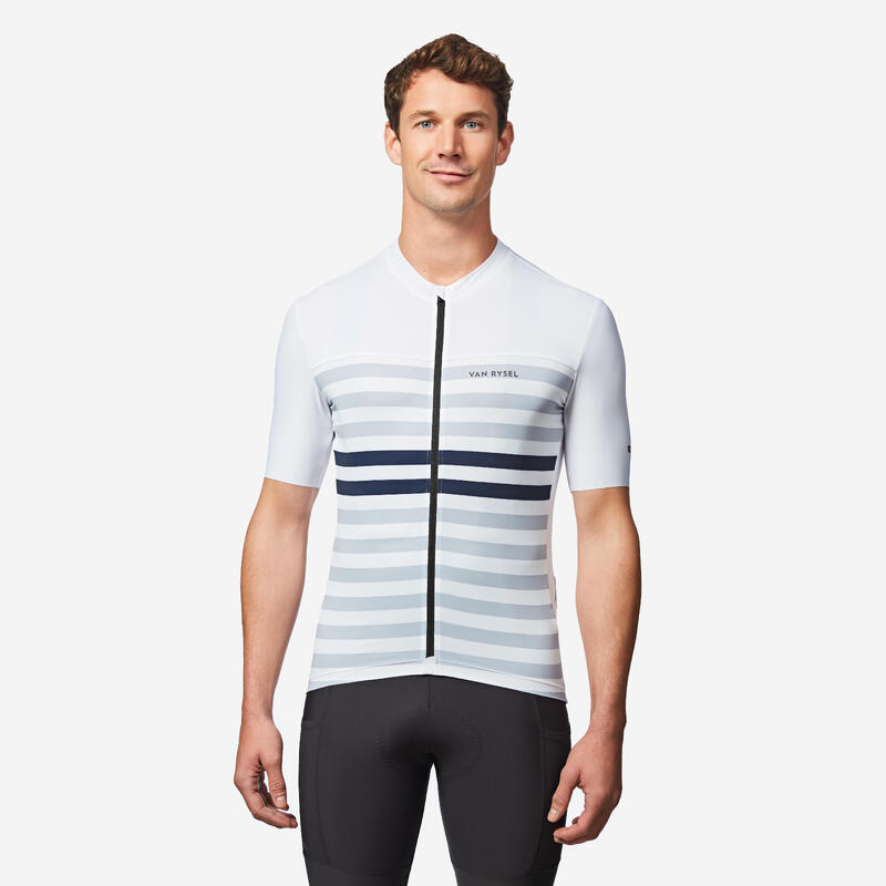 Maillot vélo route manches courtes été ajusté homme - EDR 2 blanc marinière