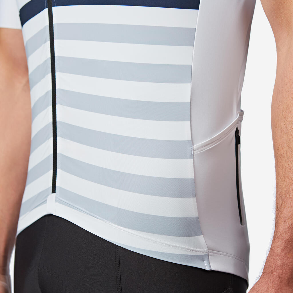 Maillot vélo route manches courtes été ajusté homme - EDR 2 blanc marinière