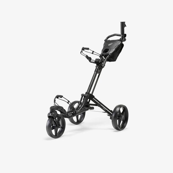 Black three-wheel golf trolley with a swivelling front wheel