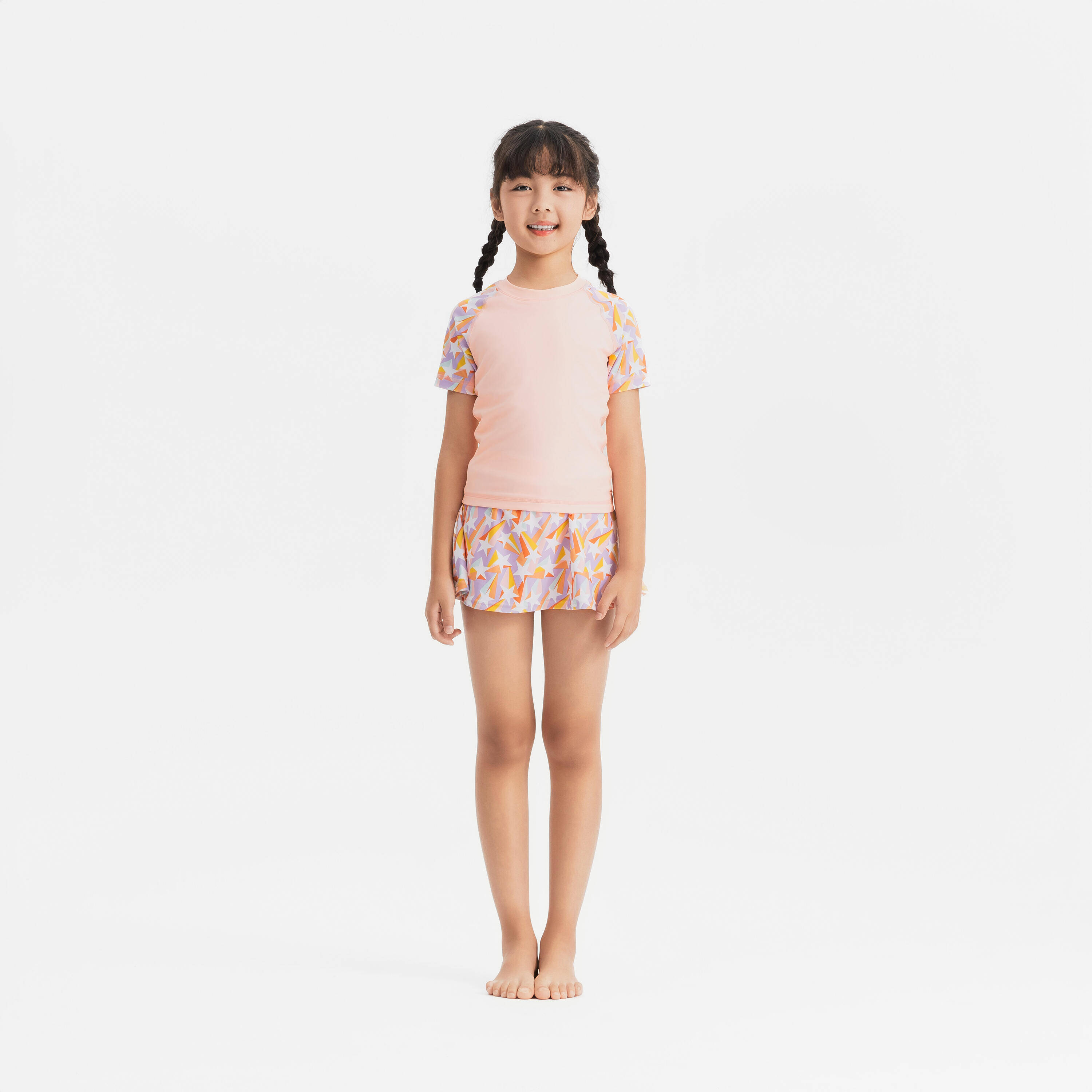 Girl swimming two-piece skirt swimsuit - PINK STAR -  1