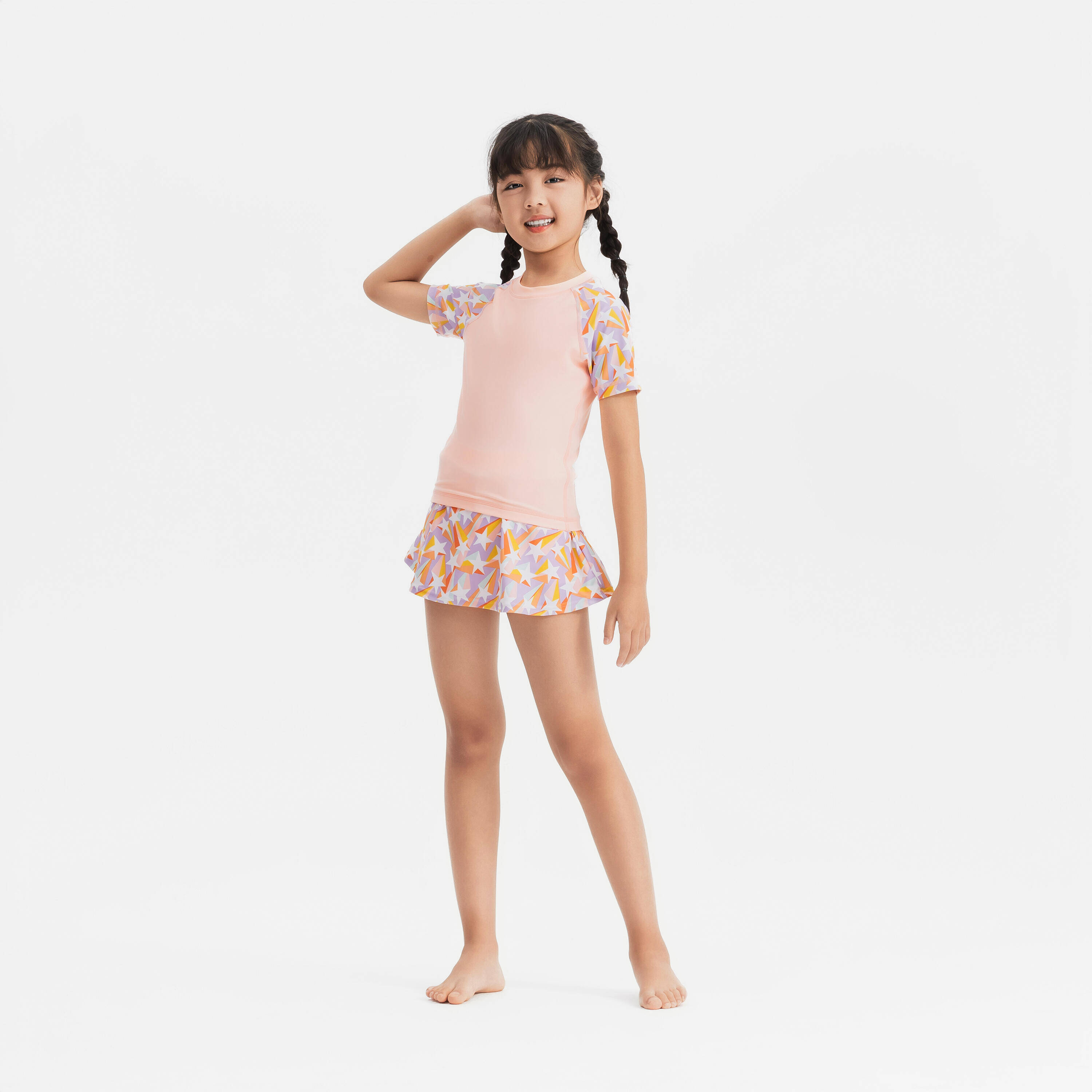 Girl swimming two-piece skirt swimsuit - PINK STAR -  3