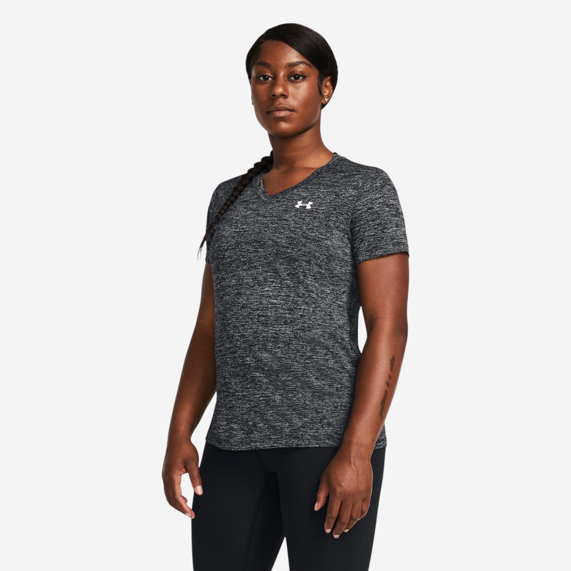 Dames-T-shirt met V-hals UA Tech™ Twist zwart 1/4