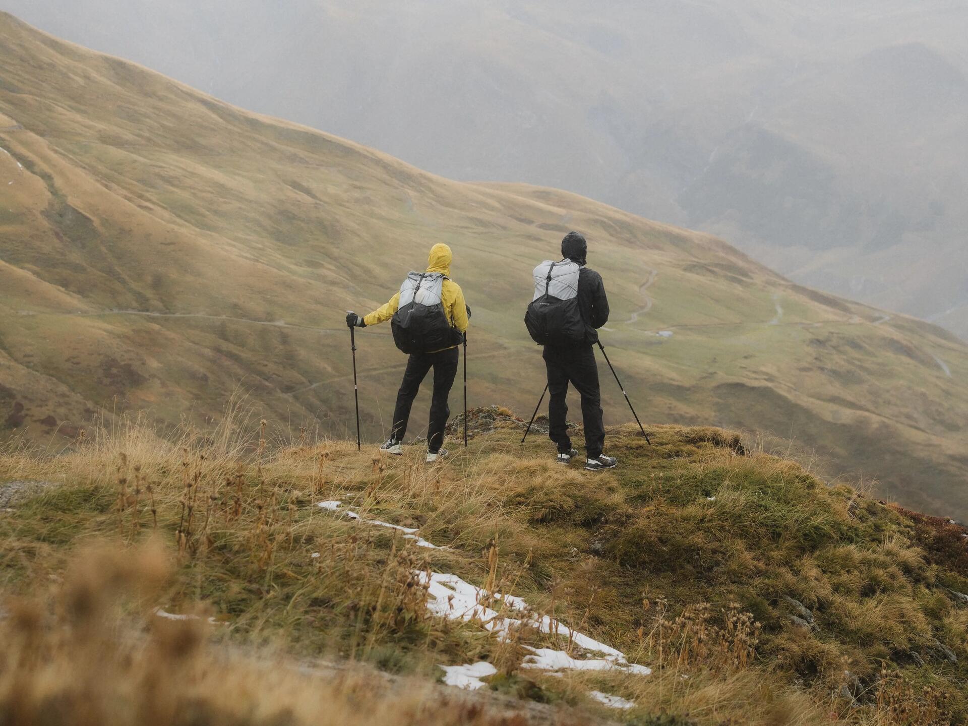 Ludzie z plecakami i z kijkami trekkingowymi wędrujący po górach