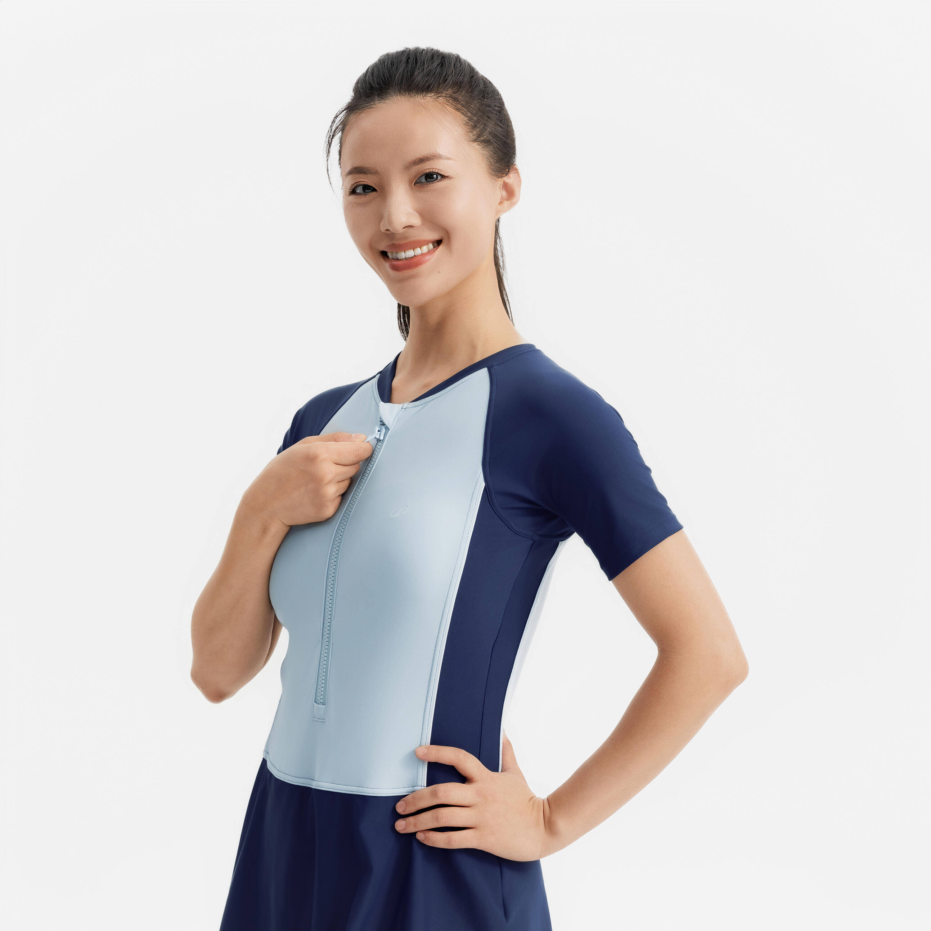 Women Swimsuit Skirt Short Sleeved with Zip Secure Fit 1P UNA - Navy/Blue -  1