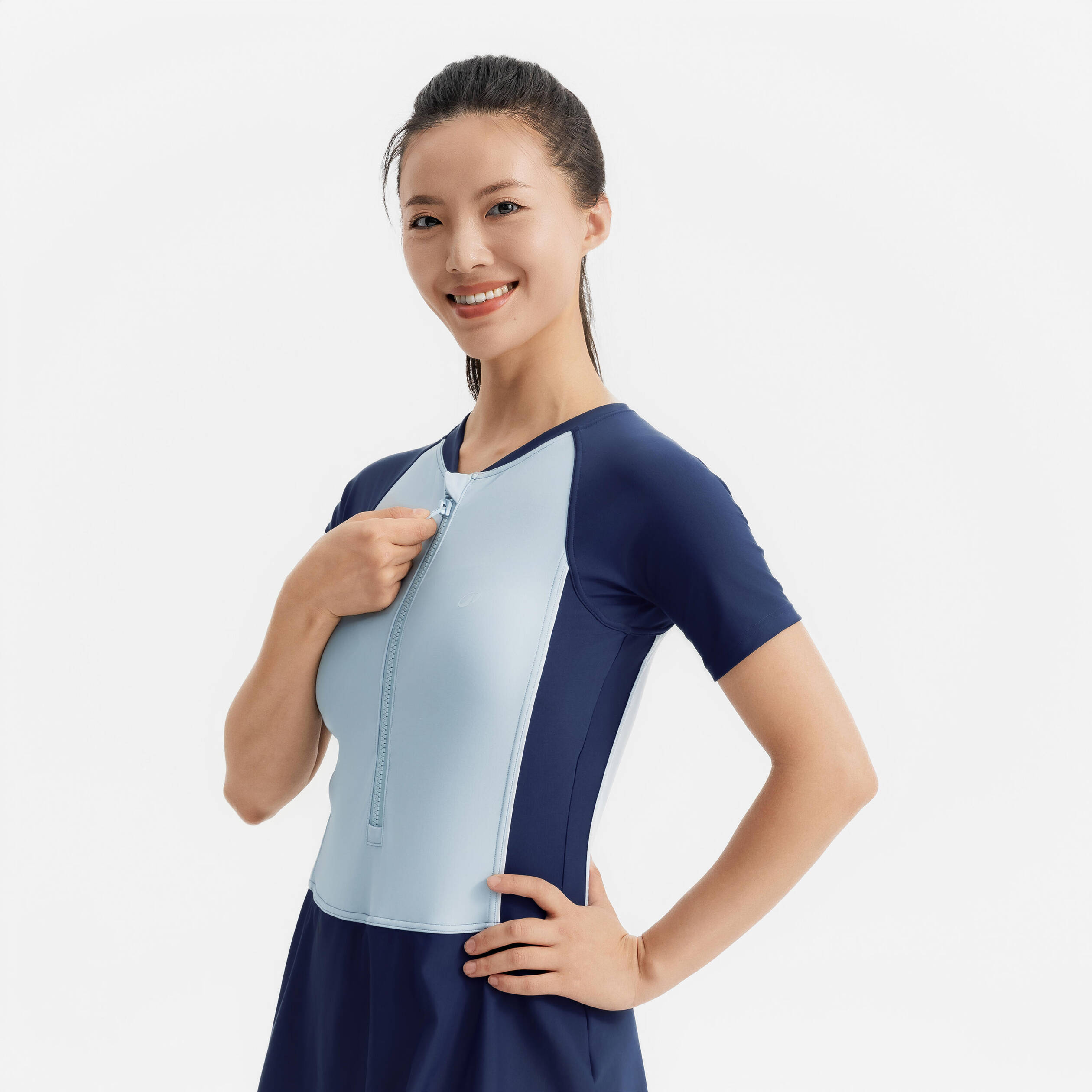 Women Swimsuit Skirt Short Sleeved with Zip Secure Fit 1P UNA - Navy/Blue