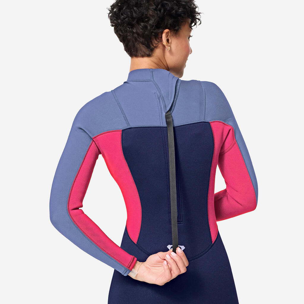 Women’s surfing back zip 4/3 mm neoprene wetsuit - Prologue blue pink