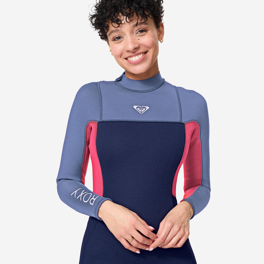 Women’s surfing back zip 4/3 mm neoprene wetsuit - Prologue blue pink