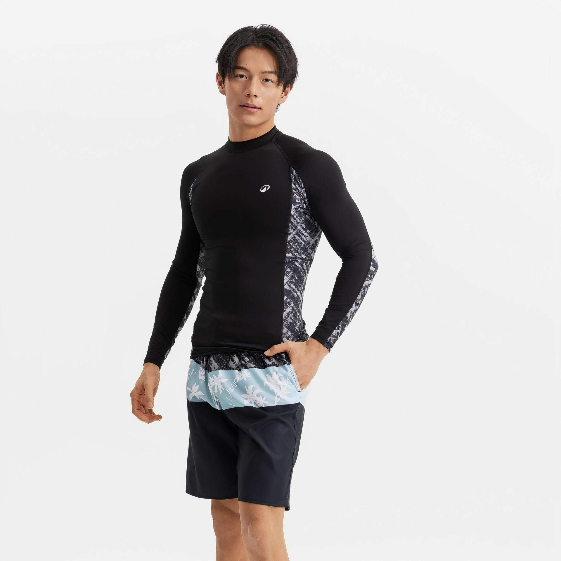 Men's UV Protection, Anti-Chlorine Long-sleeved Rash guard - 500 BRUSH BLK