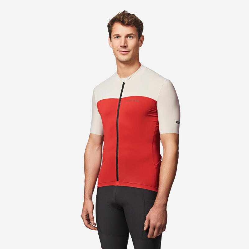 Maillot vélo route manches courtes été ajusté homme - EDR 2 rouge / beige