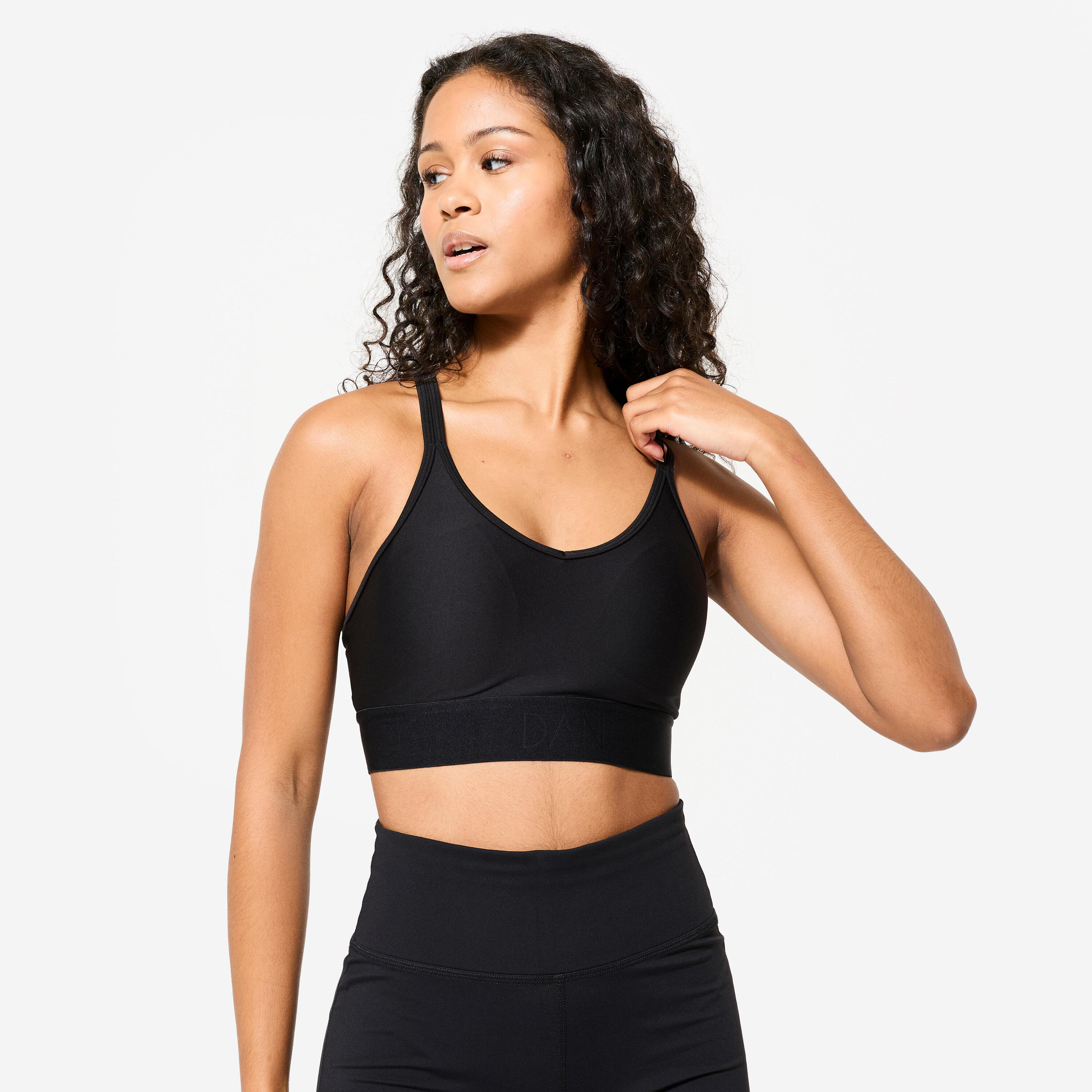 Sujetador deportivo sujeción baja espalda tirantes cruzado Mujer Decathlon negro 2/11