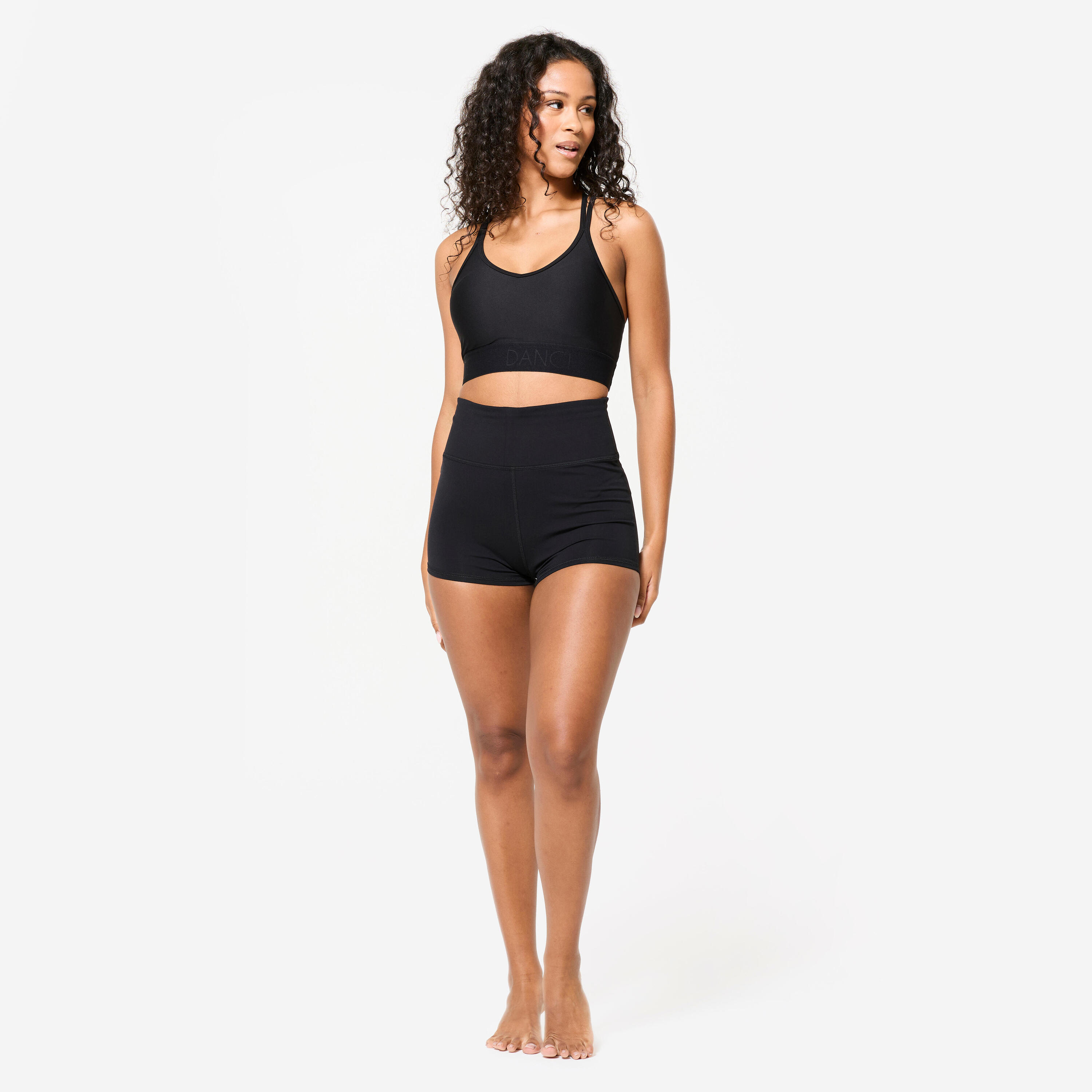 Sujetador deportivo sujeción baja espalda tirantes cruzado Mujer Decathlon negro 7/11