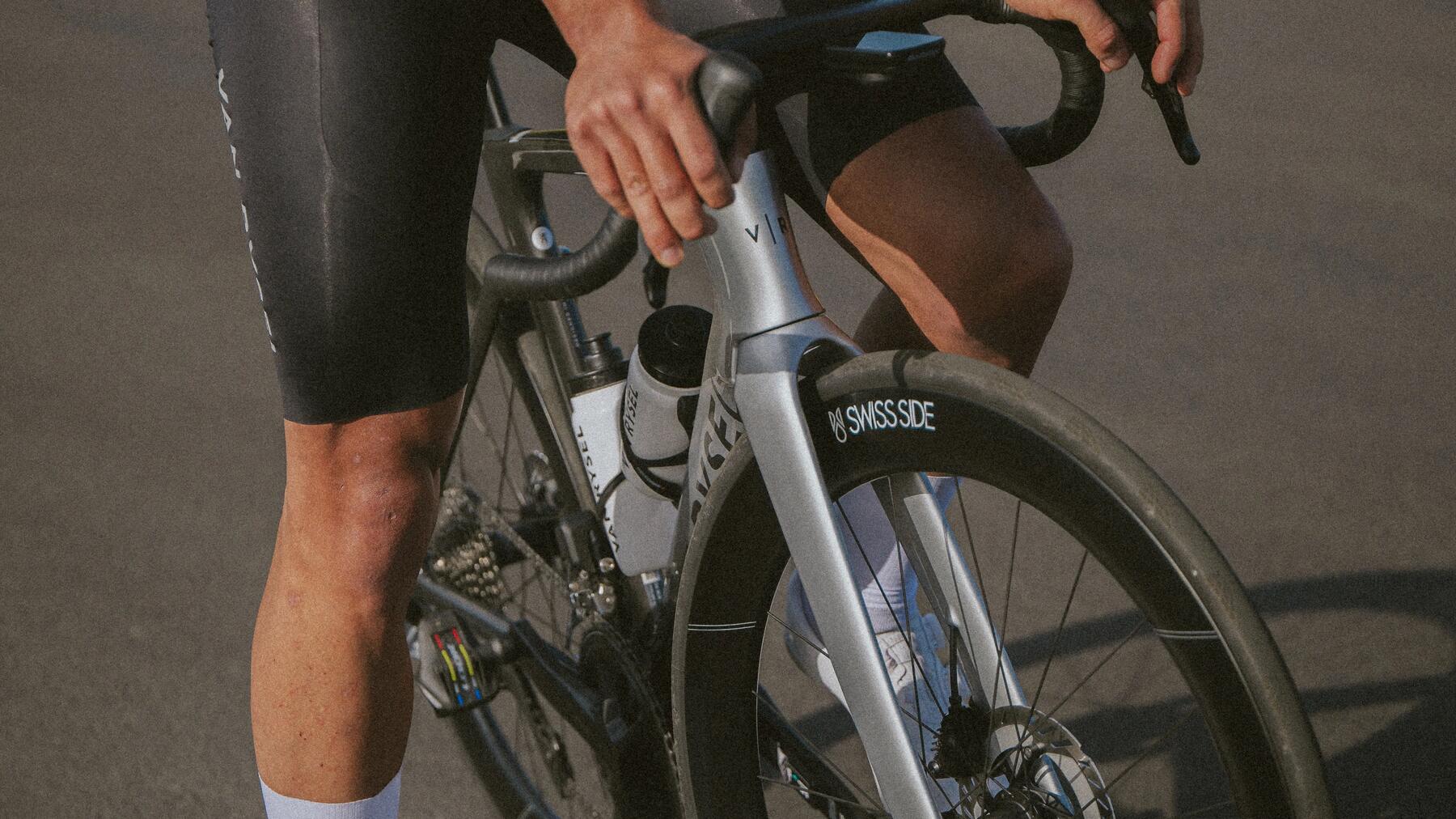 Close-up of a man on a Van Rysel bike
