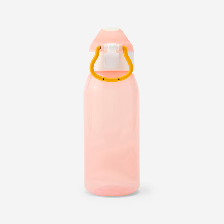 Pink B'Twin 350ml kids' bike bottle with orange carry handle