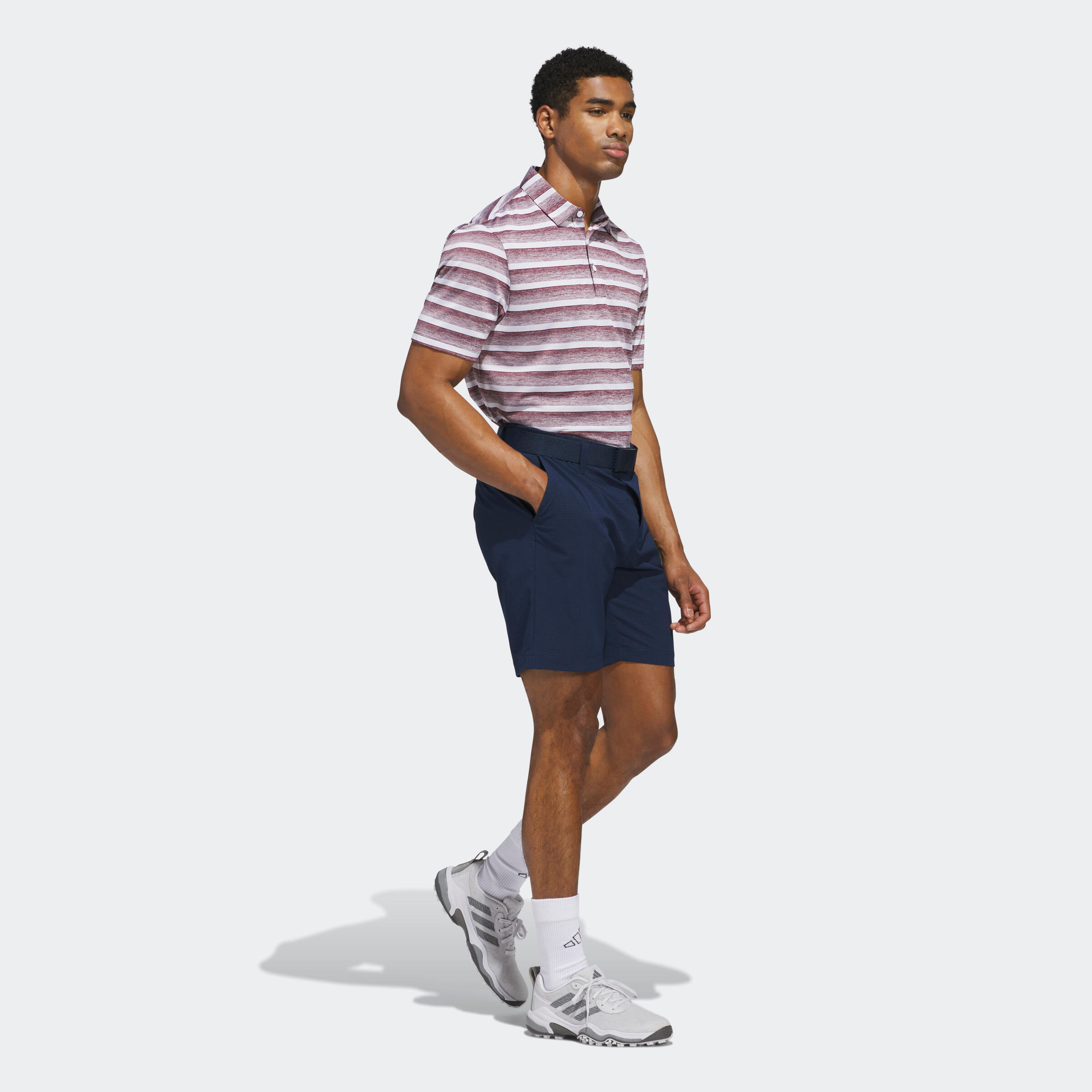 Polo golf hombre, adidas rayas, blanco y burdeos 2/4