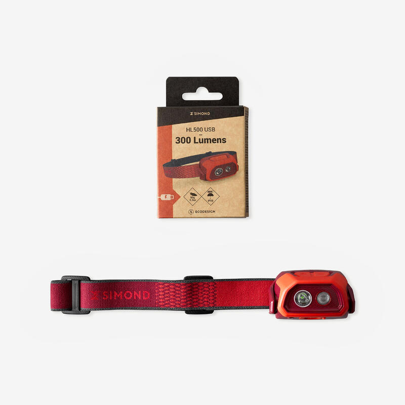 Lampe frontale rechargeable - 300 lumens - HL500 USB V3 -  rouge