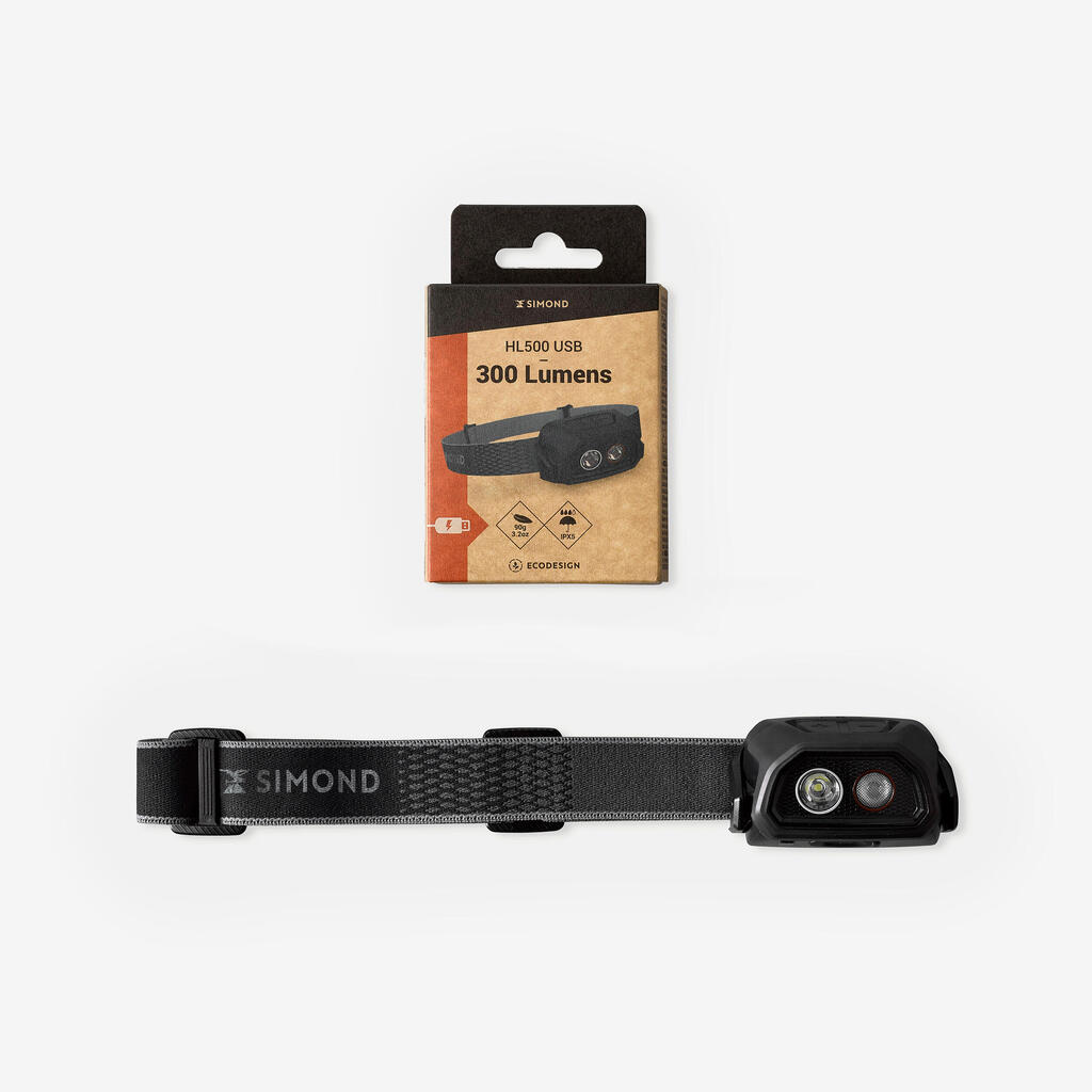 Črna naglavna svetilka HL500 - USB V3 (300 lumnov)