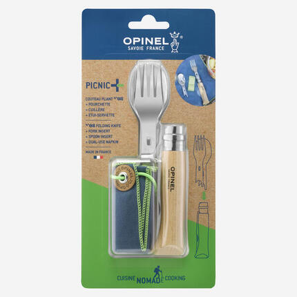 Opinel Set mit Messer Nr. 8 Gabel Löffel Servietten-Etui - Picnic Plus