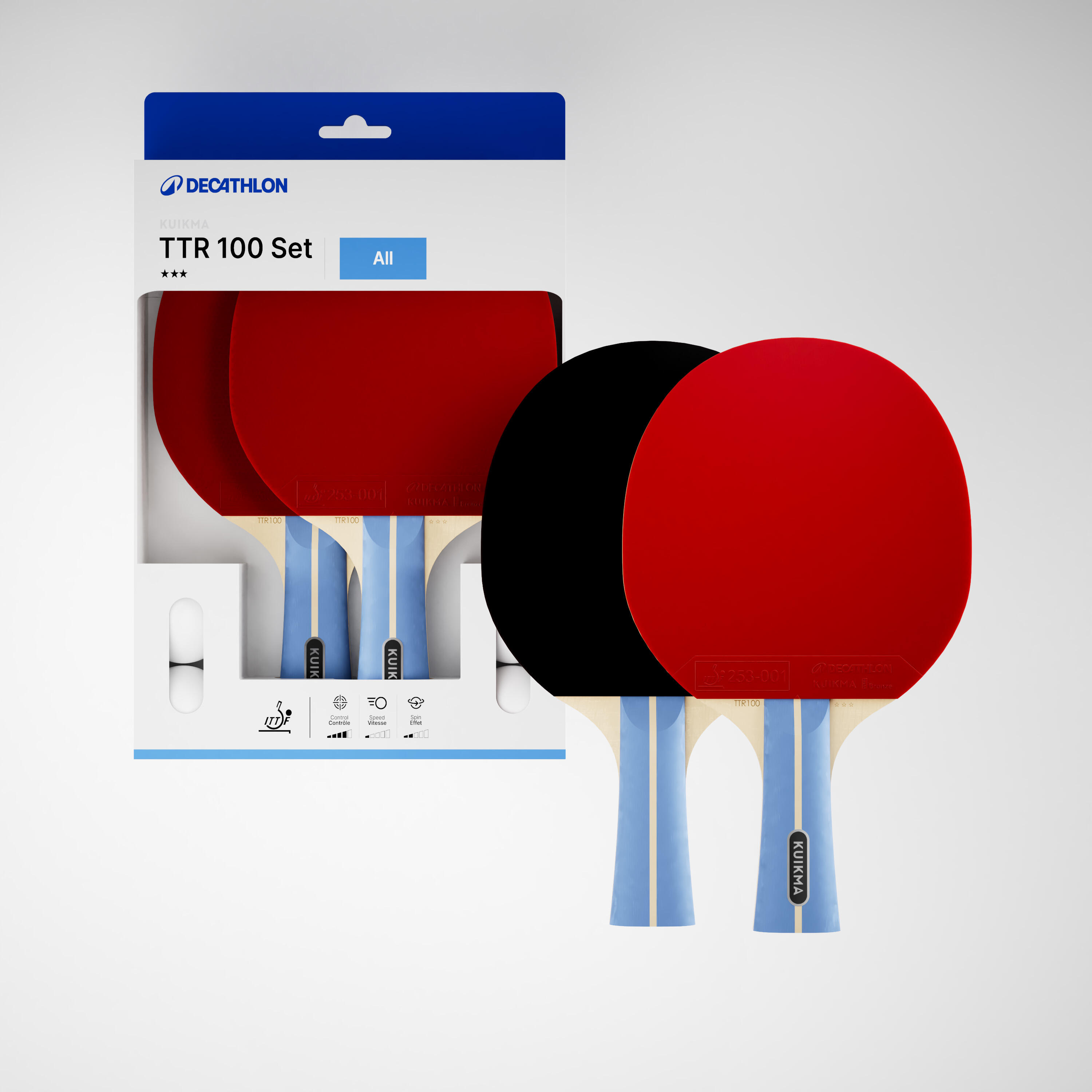 Ensemble tennis de table  –2 raquettes 3 balles- TTR100 polyvalente 3* ITTF Club 9/14