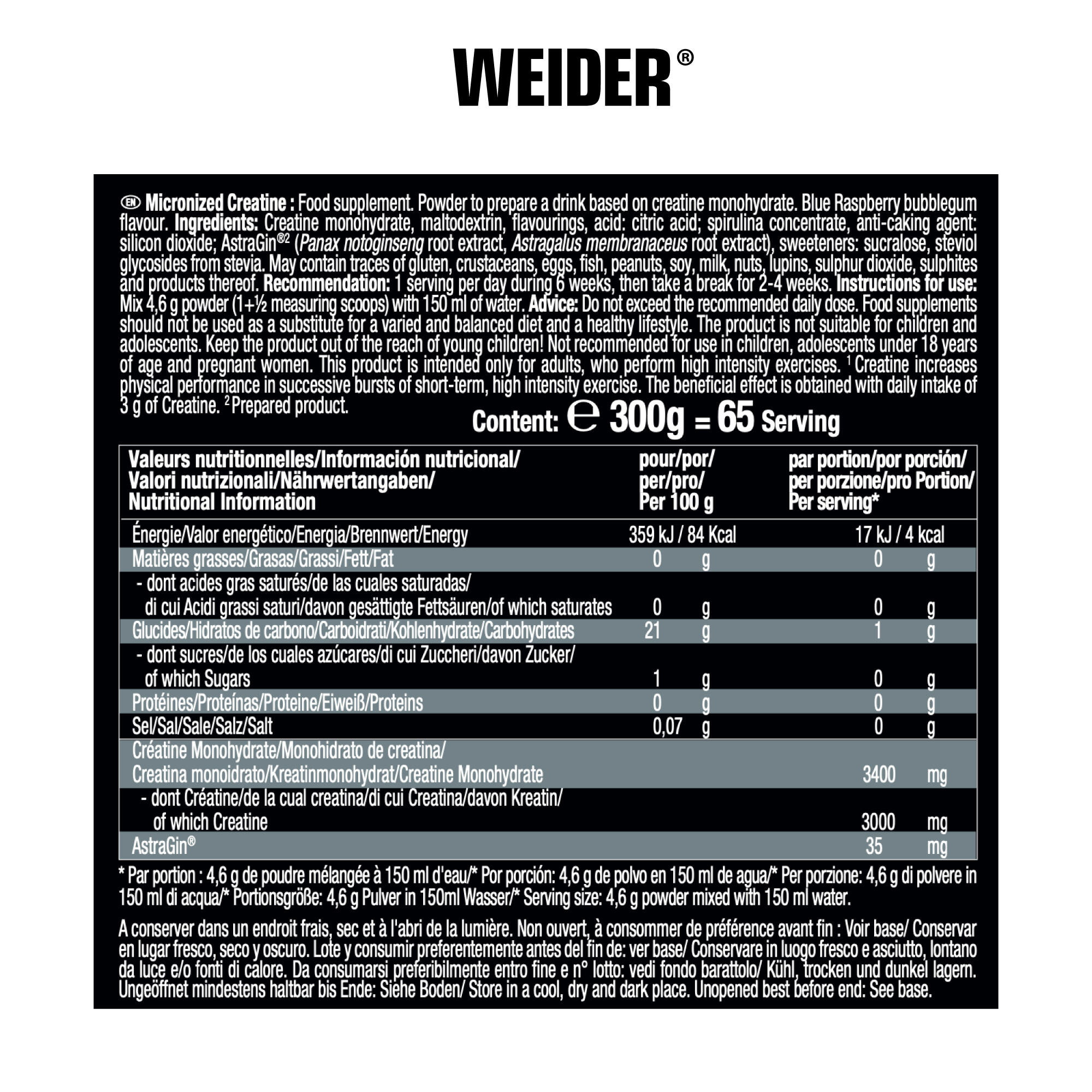 WEIDER Mikronizovaný kreatín monohydrát s príchuťou modrej maliny 300 g bez · záber 4
