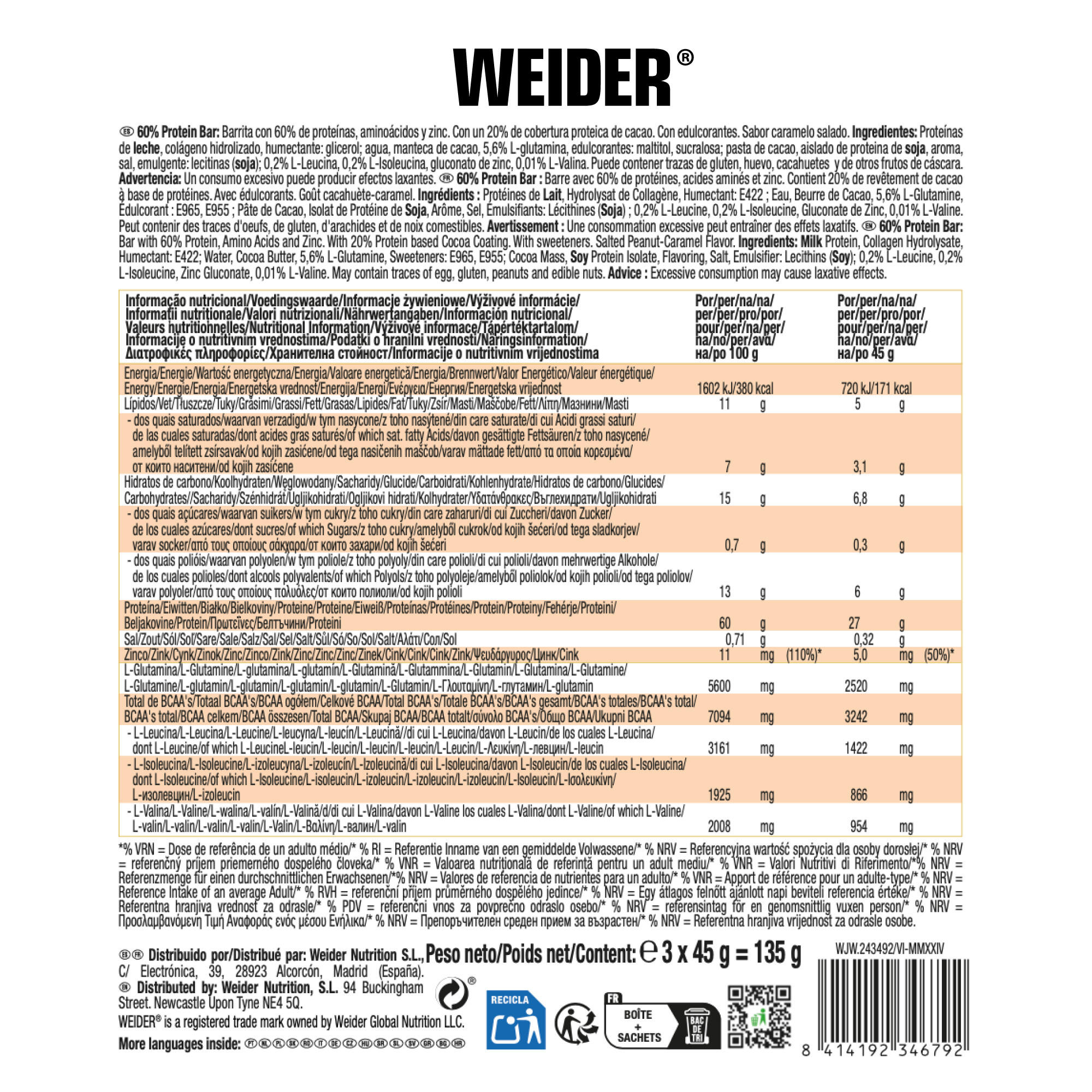 Weider Proteinriegel 60 % Karamell Erdnussbutter 3er-Pack  5/5