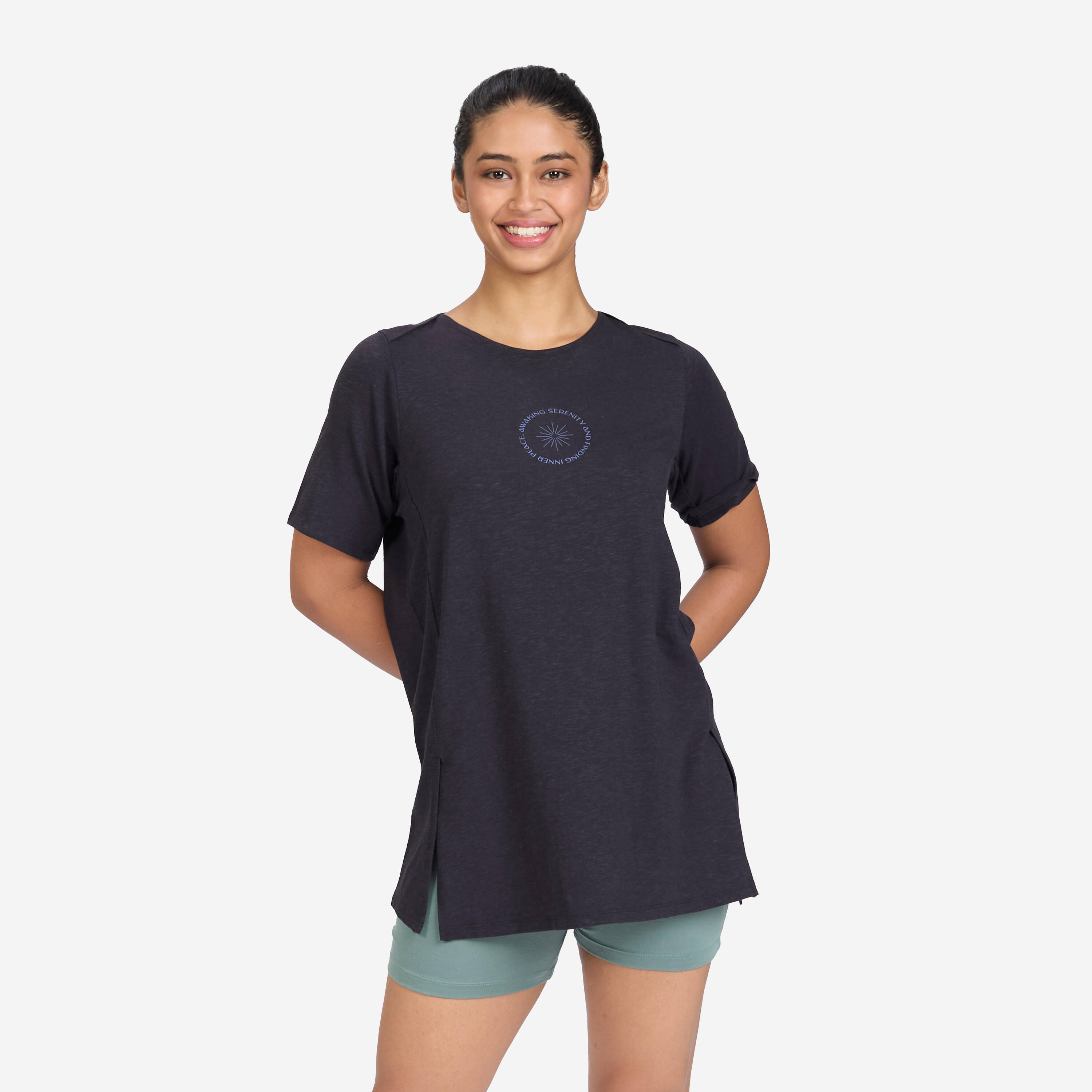 Women's Cotton Kurti T-Shirt Crew Neck - Smoked Black -  2
