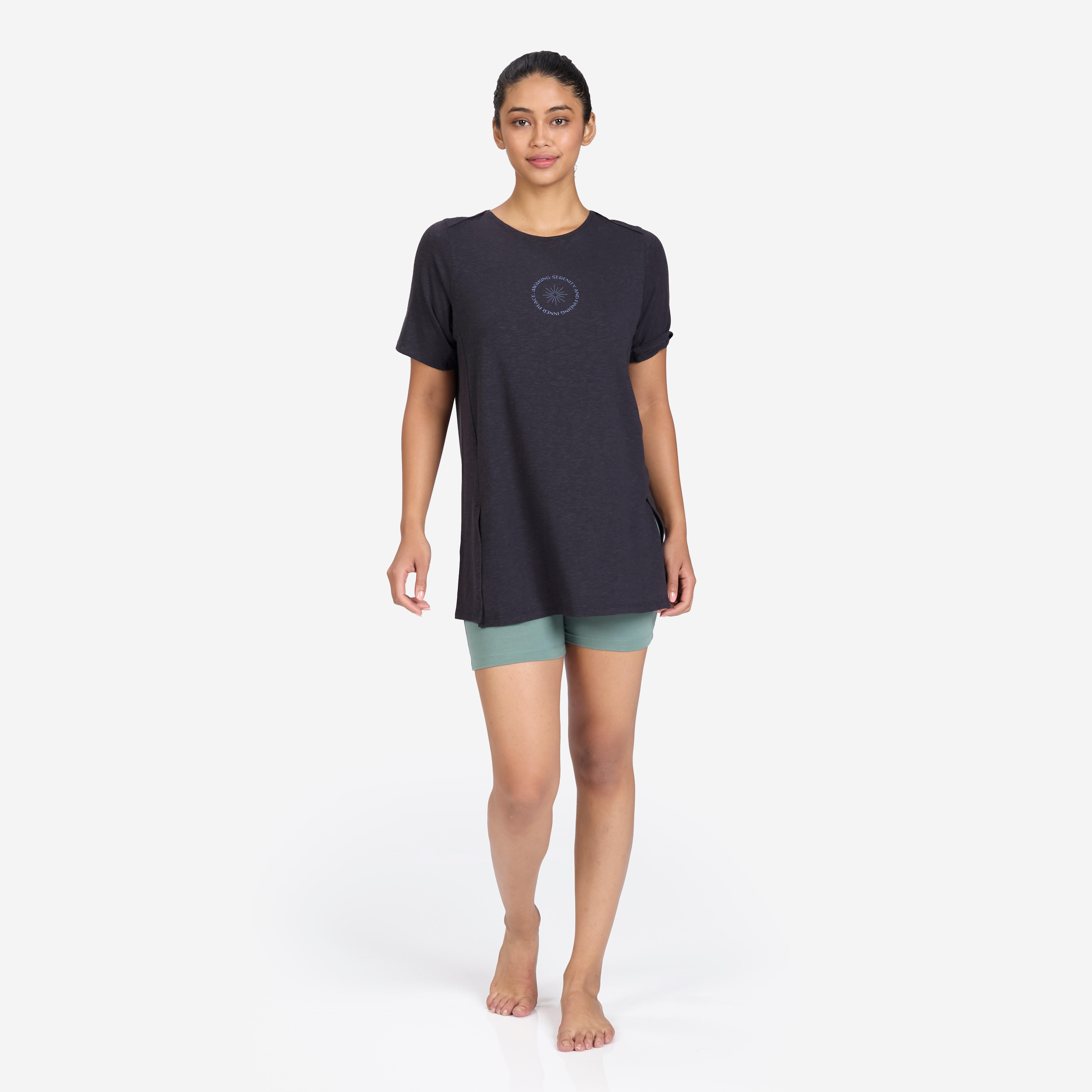 domyos Women's Cotton Kurti T-Shirt Crew Neck - Smoked Black-picture-15
