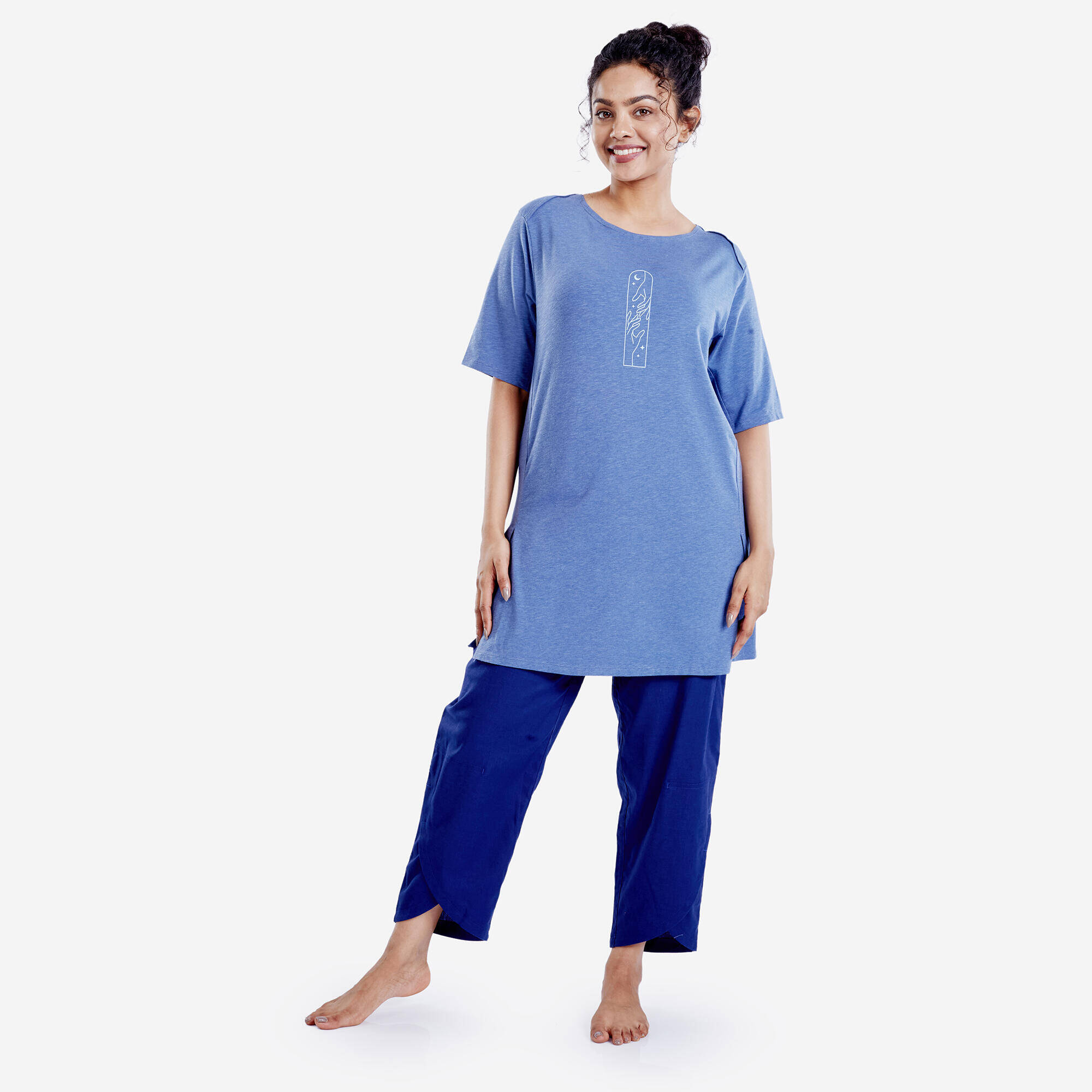 Crew Neck Soft Yoga Women's Kurti - Comet Blue -  3