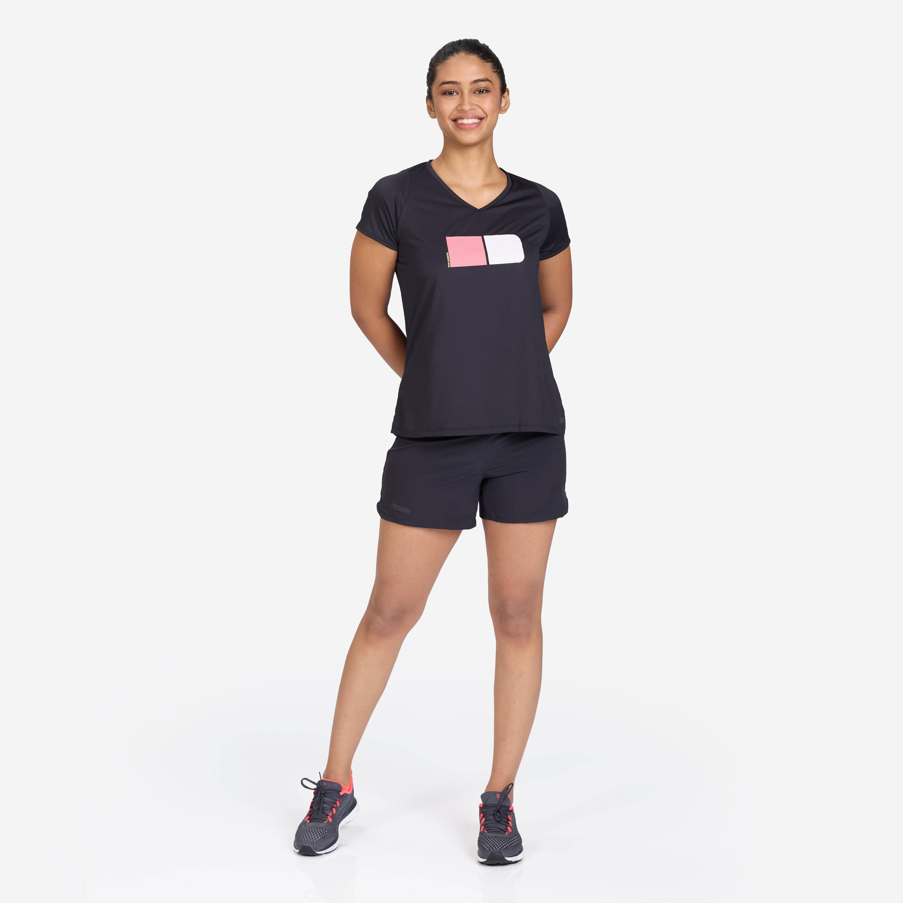 Women's Running Printed  V-Neck T-Shirt For Women dry - Smoked Black -  2