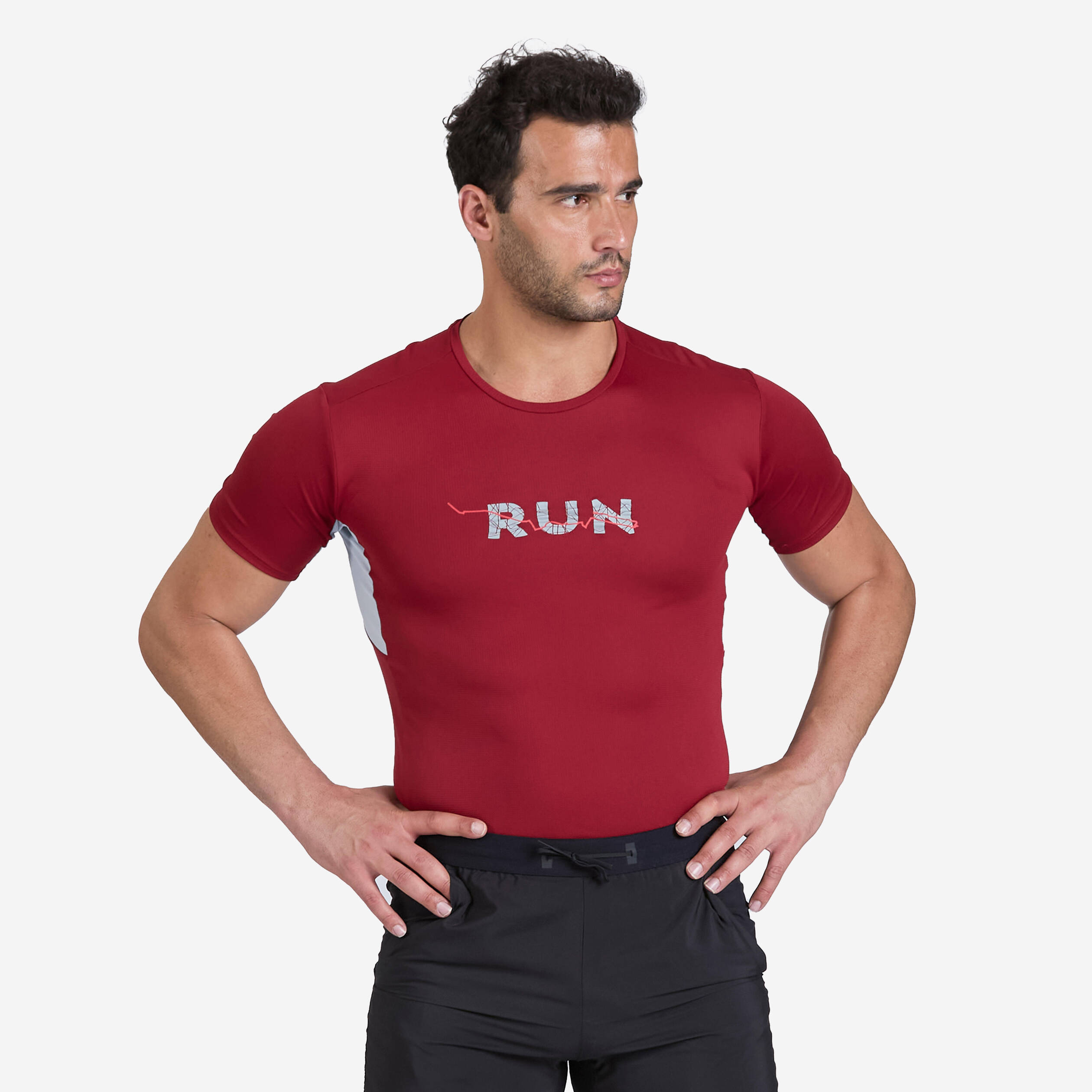 Men's Running Printed Crew NeckT-Shirt - Burgundy Red