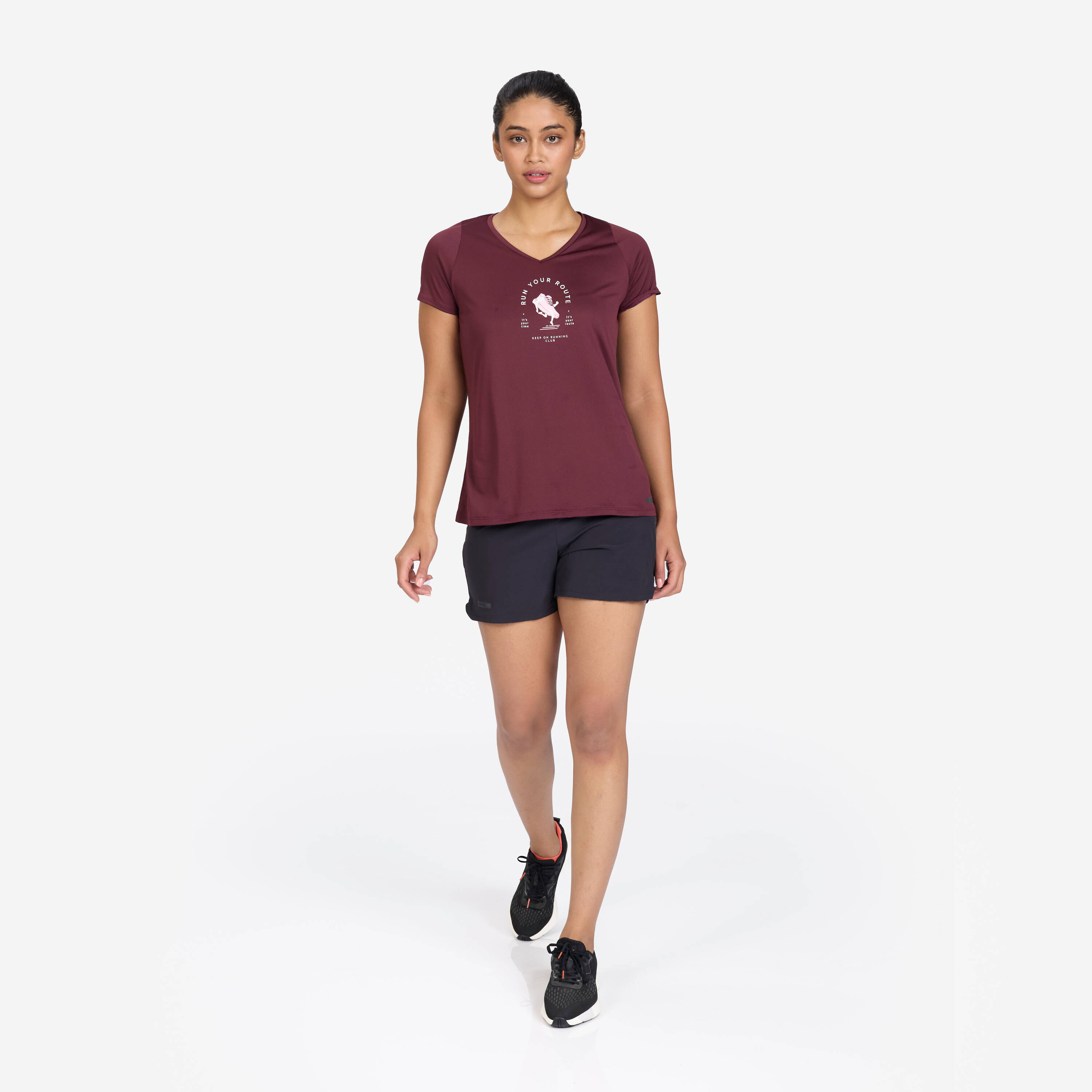 Women's Running Printed  V-Neck T-Shirt For Women dry - Burgundy Purple -  2