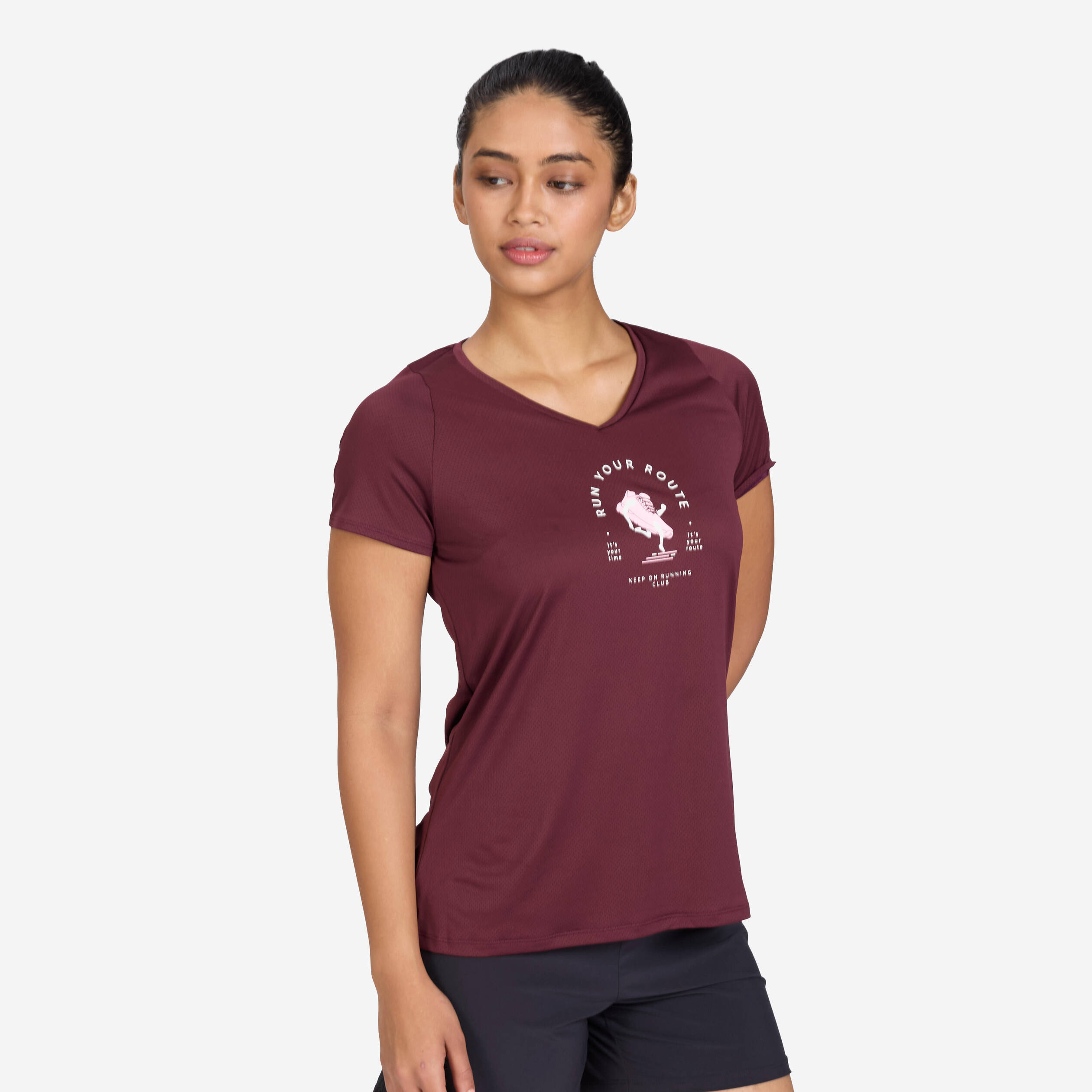 Women's Running Printed  V-Neck T-Shirt For Women dry - Burgundy Purple