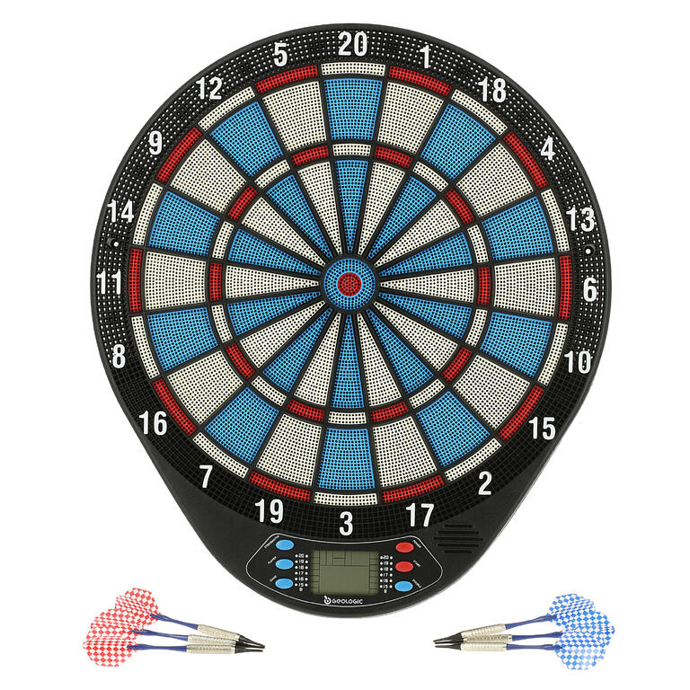 Elektronski pikado v rdeči, modri in beli barvi.