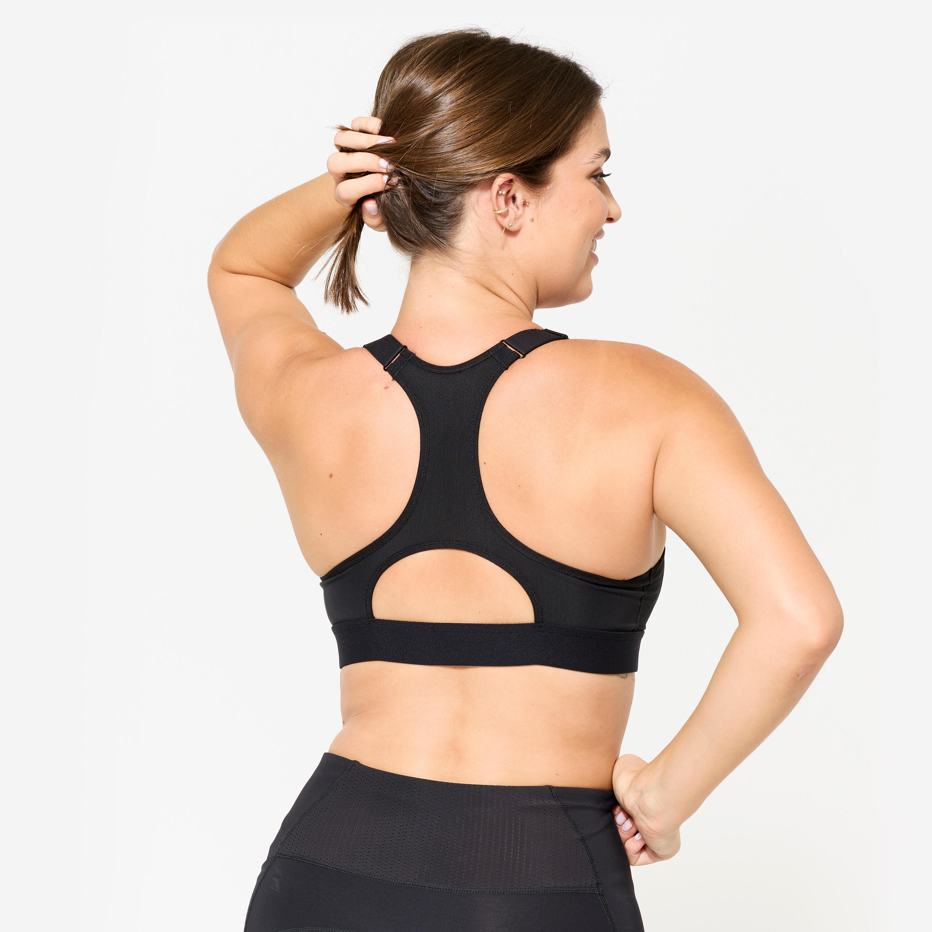 Women's High Support Zipped Sports Bra with Cups - Black 3/8