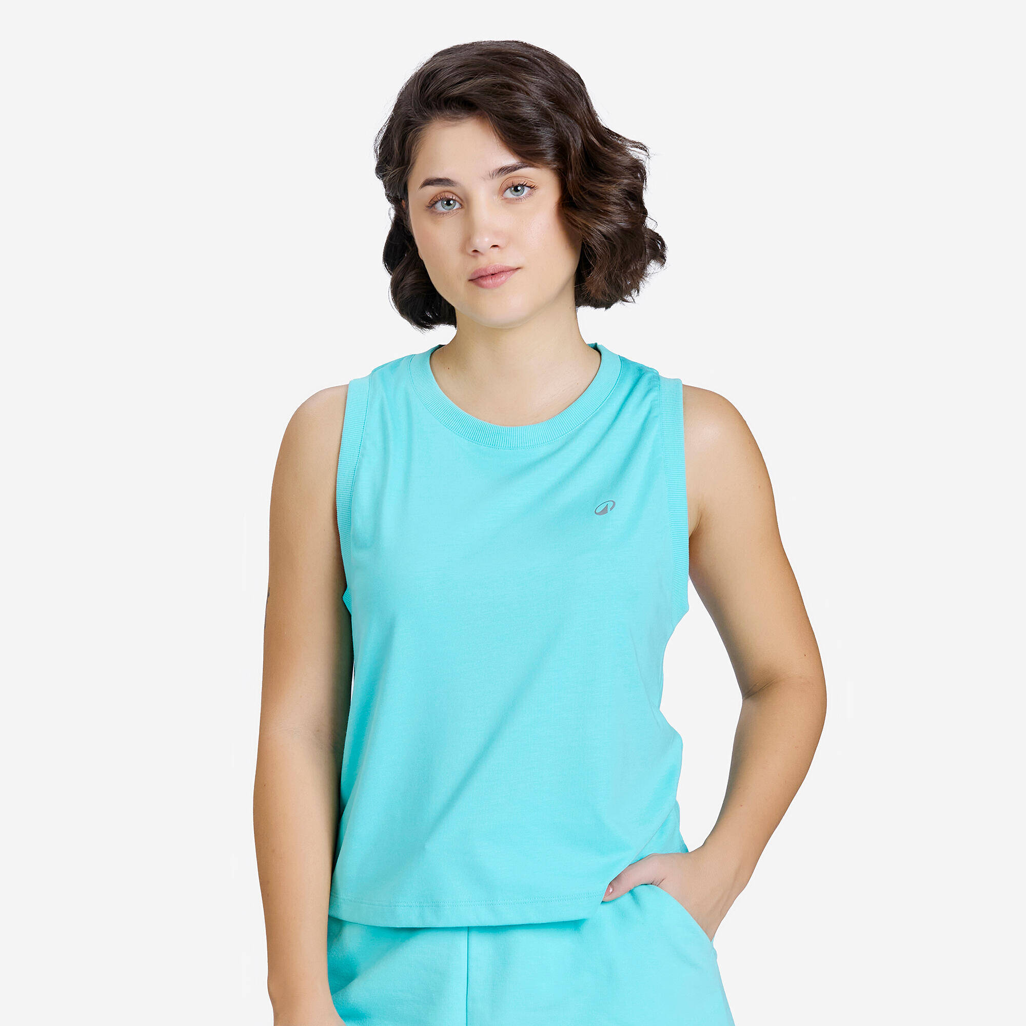 Crew Neck Cotton Flared Cropped Tank Top 520 - Lagoon Green -  2