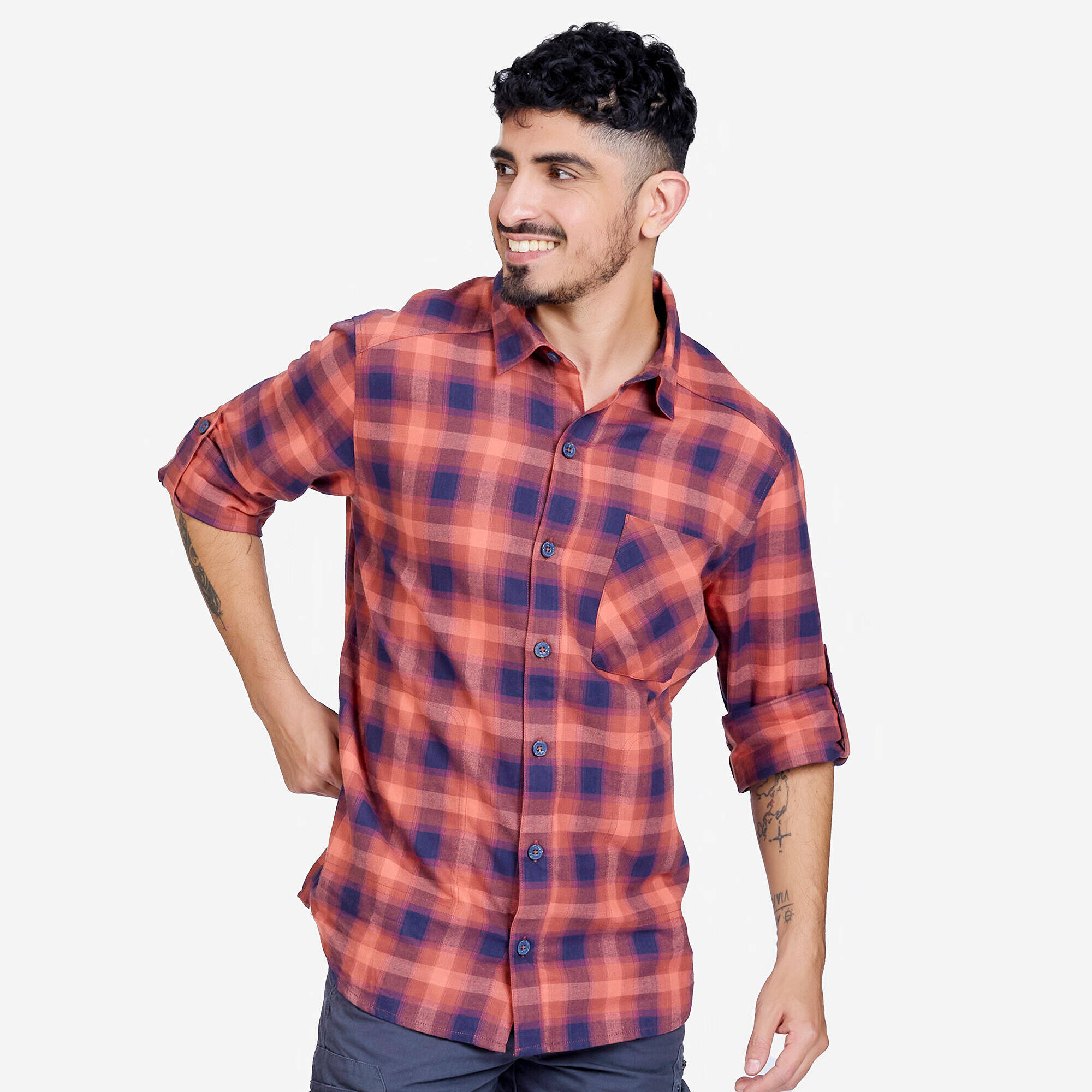 Men Checked Full Sleeve Light Flannel Shirt Grey - Travel 500 -  1
