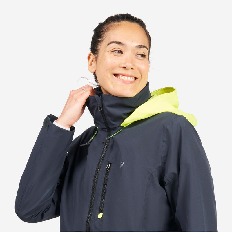 Veste imperméable coupe-vent de voile femme sailing 500 gris foncé capuche jaune