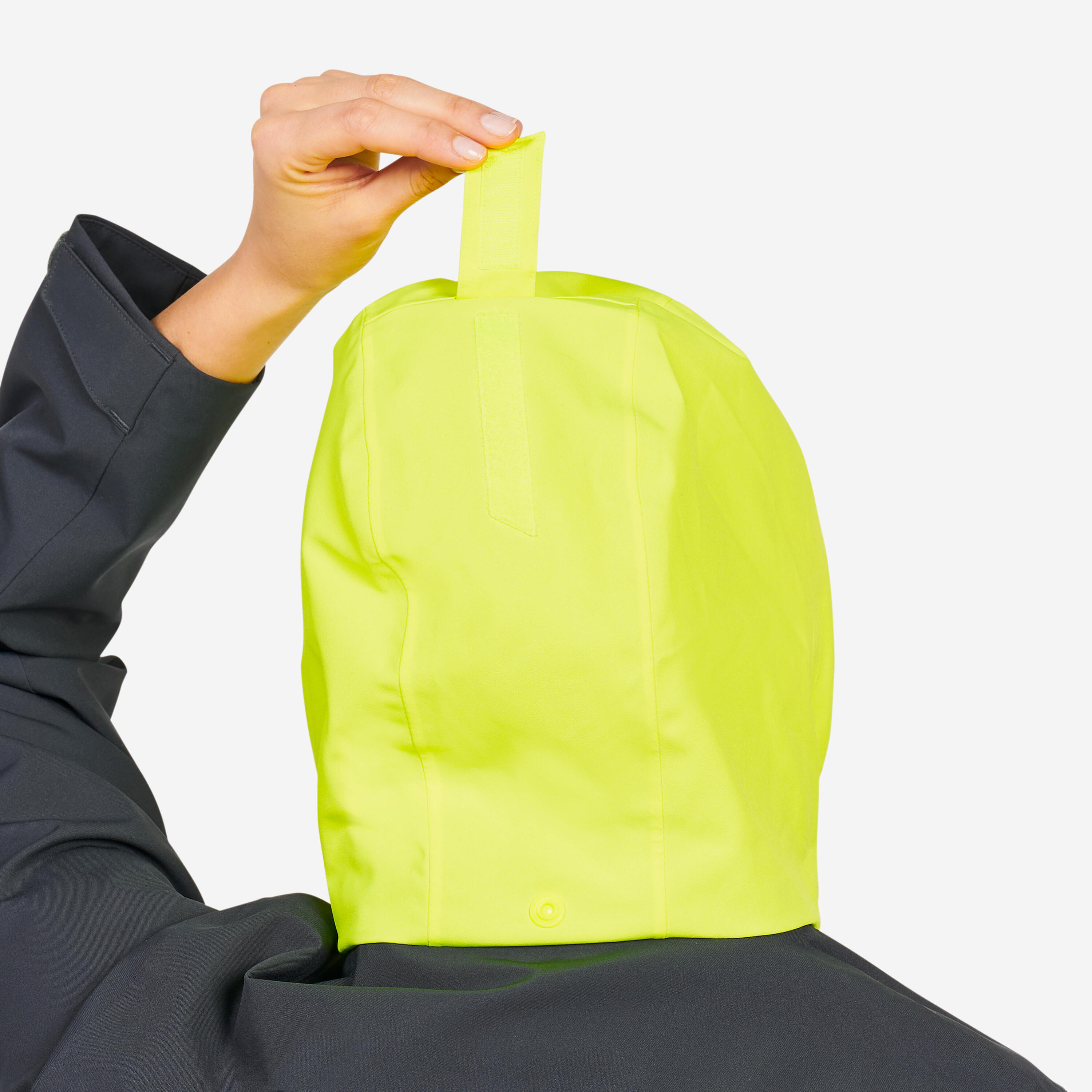 Veste imperméable coupe-vent de voile femme sailing 500 gris foncé capuche jaune 64/71