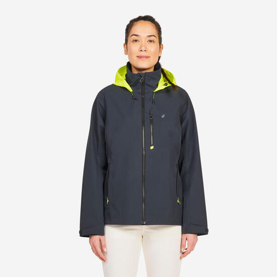 Veste imperméable coupe-vent de voile femme sailing 500 gris foncé capuche jaune