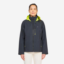 Veste imperméable coupe-vent de voile femme sailing 500 gris foncé capuche jaune