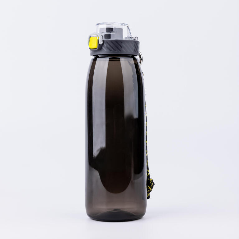 Charcoal grey 1L hiking drink bottle with a quick-opening lid and carry cord.
