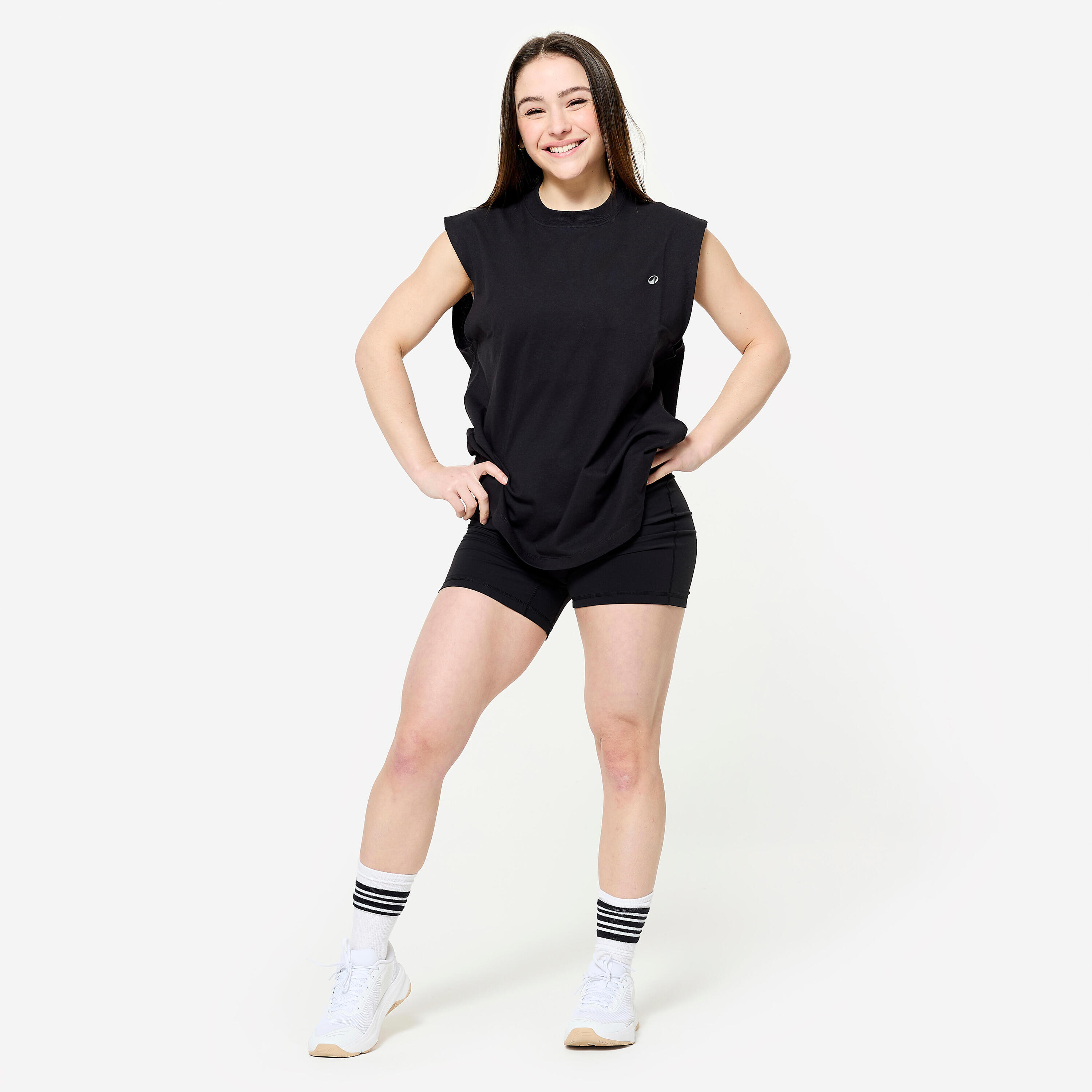 Débardeur de musculation oversize col rond femme, noir 2/13
